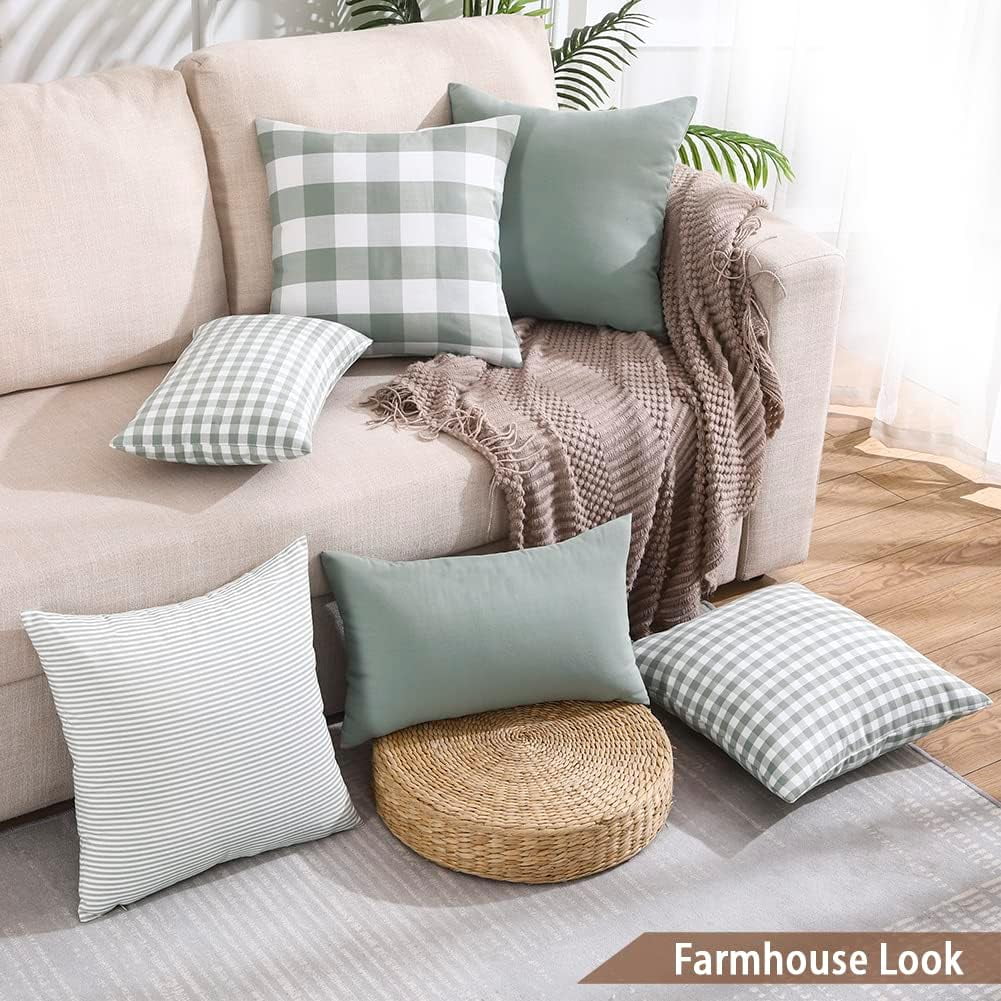 Light Blue Farmhouse Buffalo Plaid Pillow Covers 18x18 Set of 2 Patio Outdoor Decor Neutral Checkered Pillow Covers 18 x 18