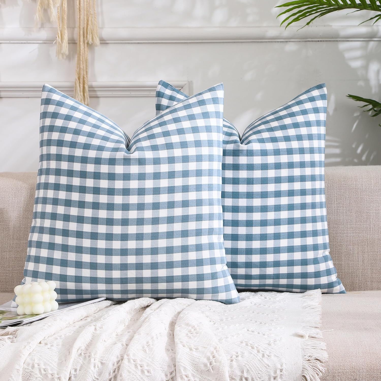 Light Blue Farmhouse Buffalo Plaid Pillow Covers 18x18 Set of 2 Patio Outdoor Decor Neutral Checkered Pillow Covers 18 x 18 Light Blue Farmhouse Buffalo Plaid Pillow Covers 18x18 Set of 2 Patio Outdoor Decor Neutral Checkered Pillow Covers 18 x 18