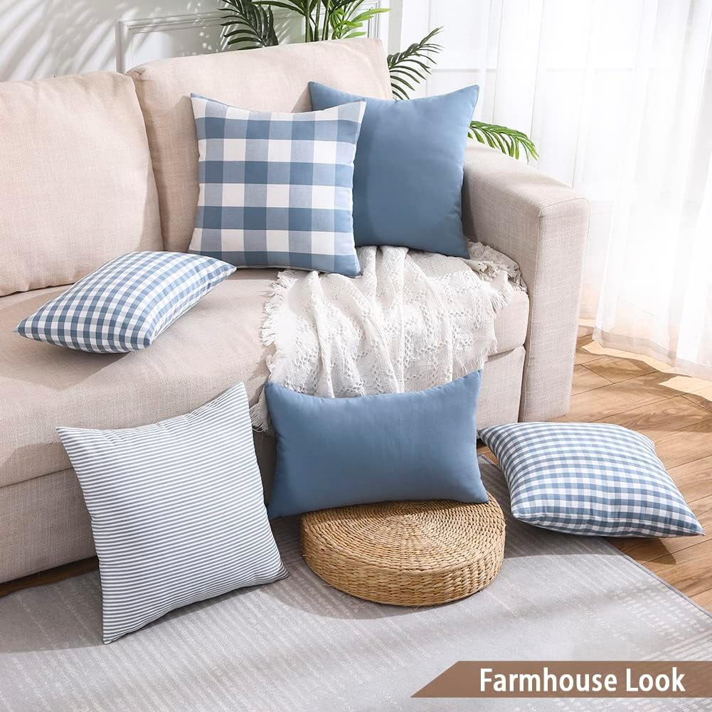 Light Blue Farmhouse Buffalo Plaid Pillow Covers 18x18 Set of 2 Patio Outdoor Decor Neutral Checkered Pillow Covers 18 x 18
