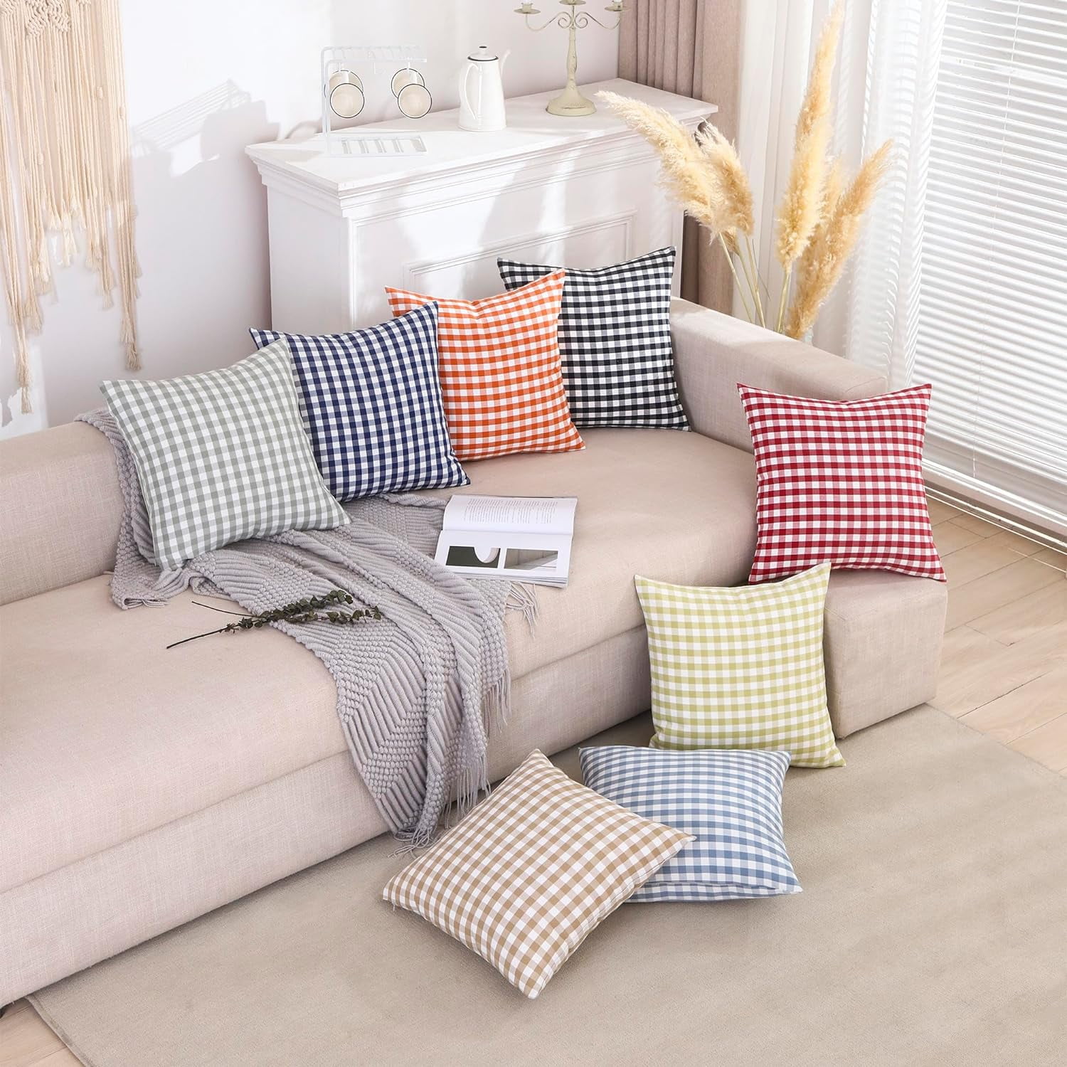 Light Blue Farmhouse Buffalo Plaid Pillow Covers 18x18 Set of 2 Patio Outdoor Decor Neutral Checkered Pillow Covers 18 x 18