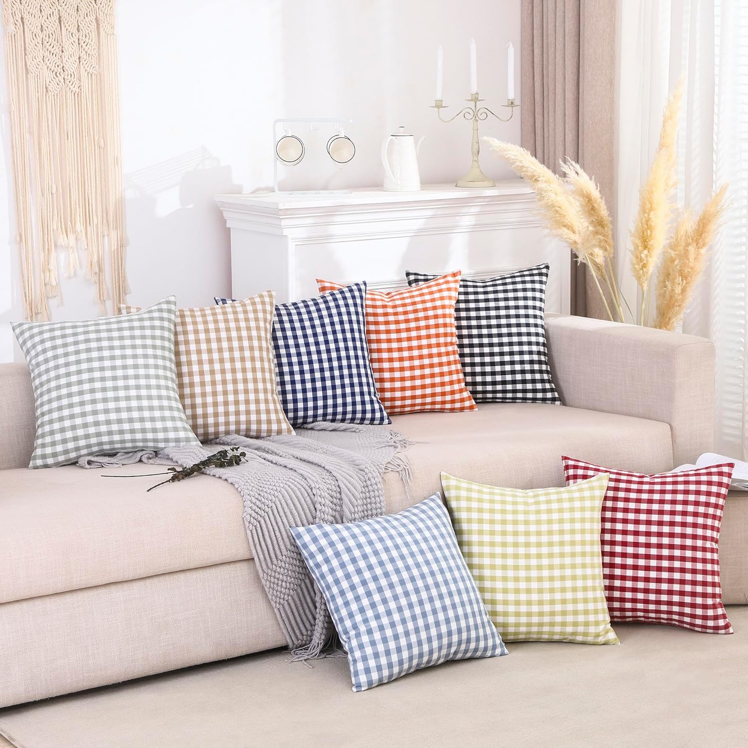 Light Blue Farmhouse Buffalo Plaid Pillow Covers 18x18 Set of 2 Patio Outdoor Decor Neutral Checkered Pillow Covers 18 x 18