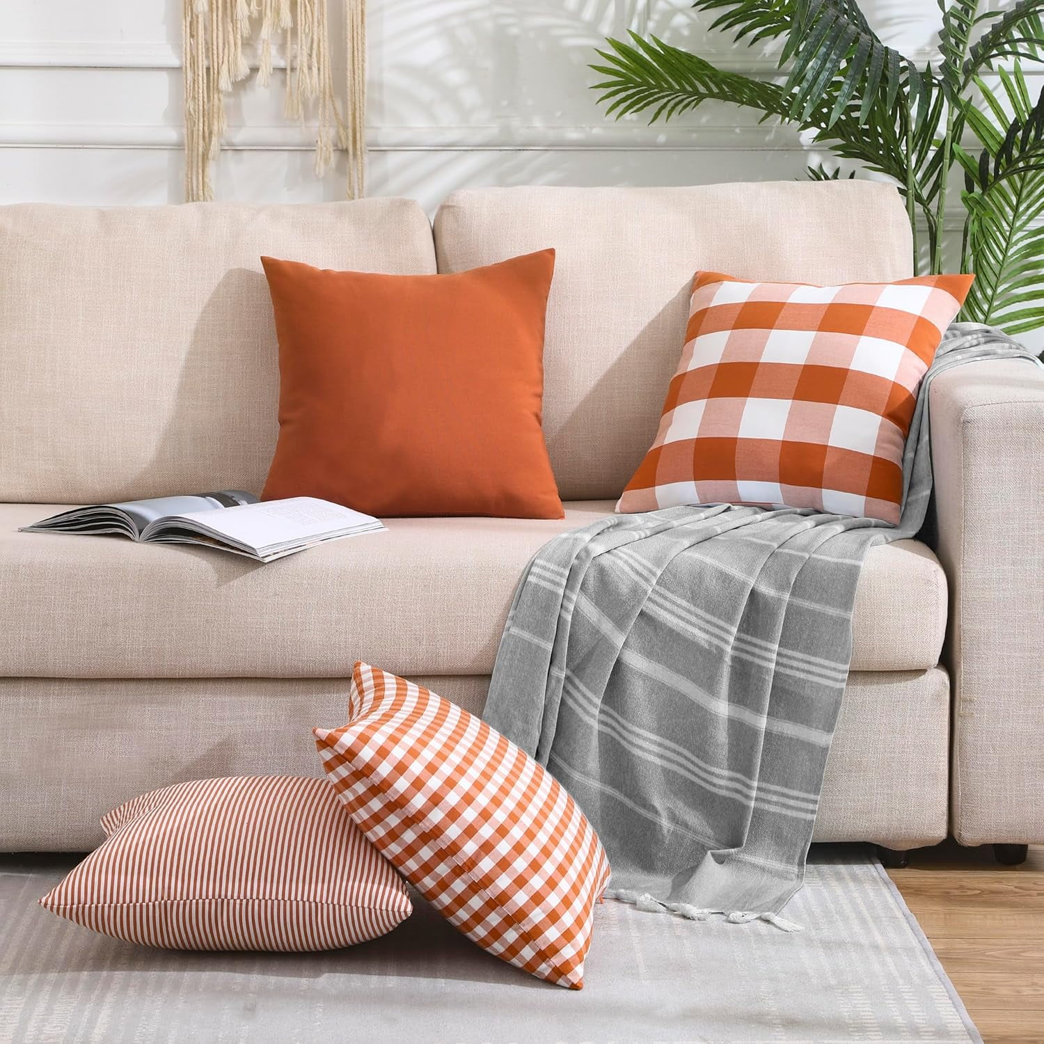 Light Blue Farmhouse Buffalo Plaid Pillow Covers 18x18 Set of 2 Patio Outdoor Decor Neutral Checkered Pillow Covers 18 x 18