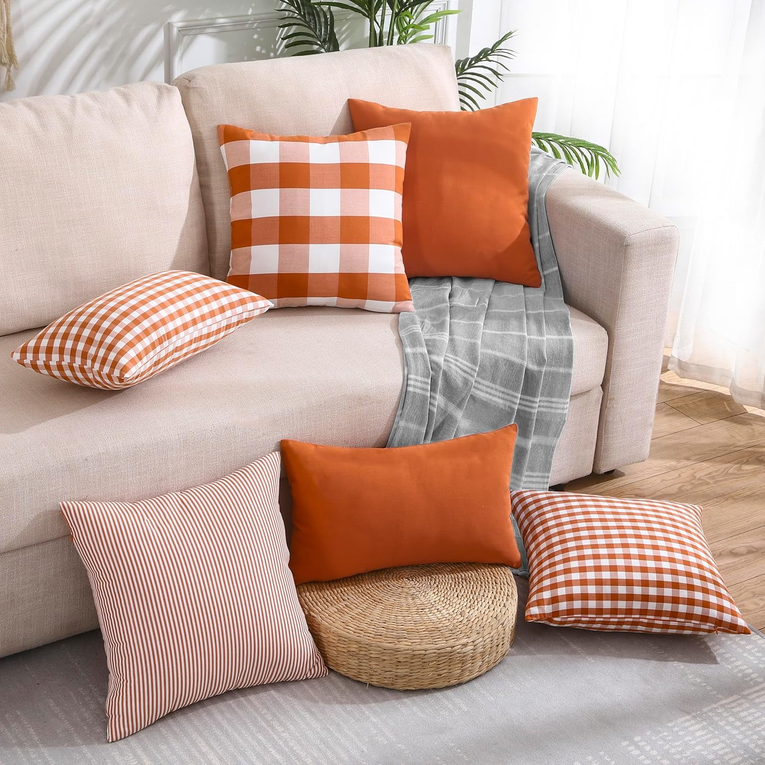 Light Blue Farmhouse Buffalo Plaid Pillow Covers 18x18 Set of 2 Patio Outdoor Decor Neutral Checkered Pillow Covers 18 x 18