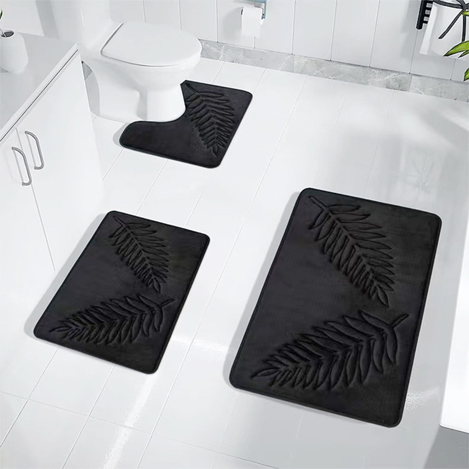 Summercome 3 Pcs Bathroom Rugs, Leaves Bath Mat Toilet Mats, Soft Comfortable Non-Slip Bathroom Rug Set, Bath Mats for Bathroom, Machine Washable Bath Mat Bathroom Rug Sets, 20x31.5in, Black 3pc Navy