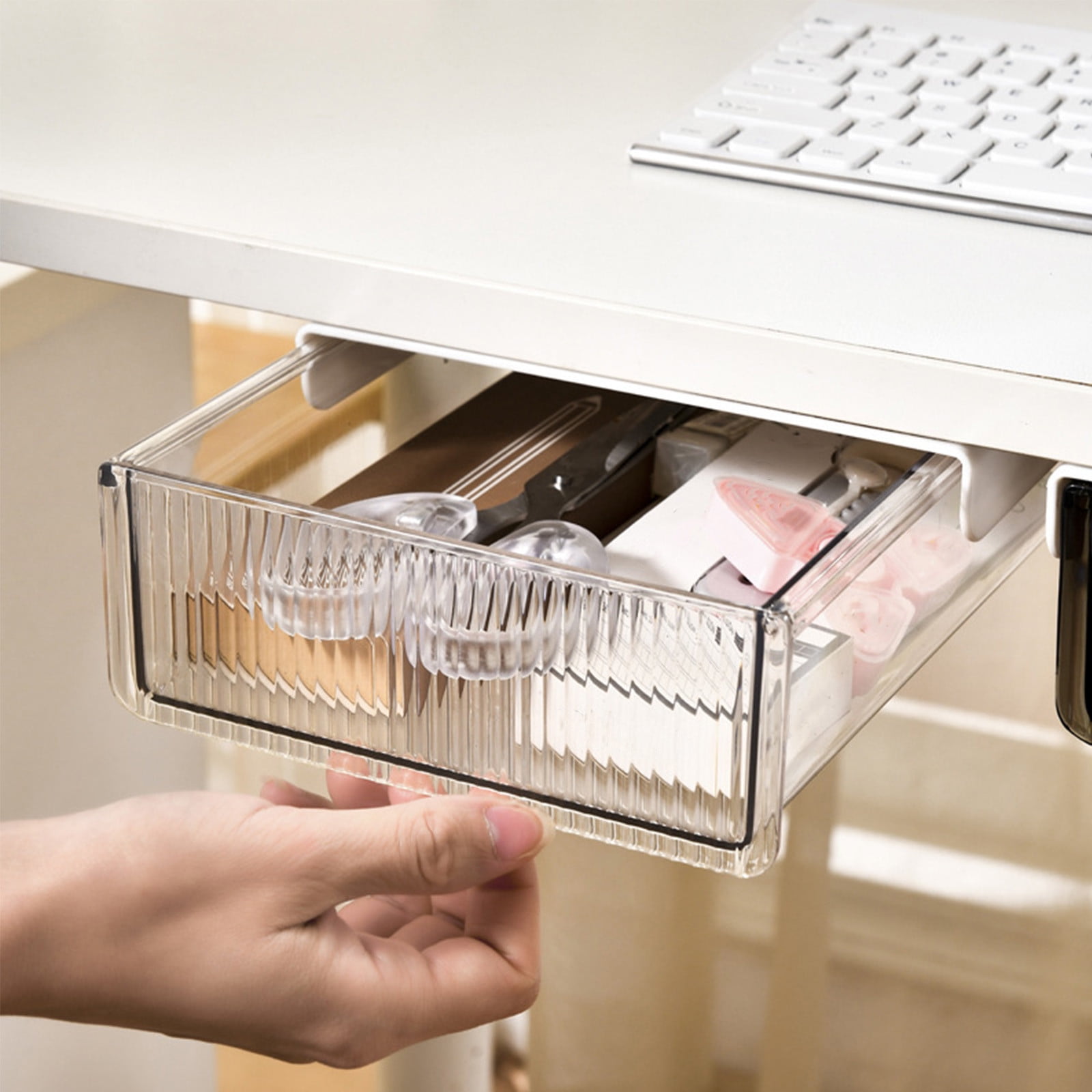 Kdkad Under Desk Drawer, Self-Adhesive Hidden Desktop Organizer, Attachable Desk Drawer Slide Out, Table Storage Tray for Pencil Pen Stationery Home Office Organization, Large 8.3×6.7×2.4 in White