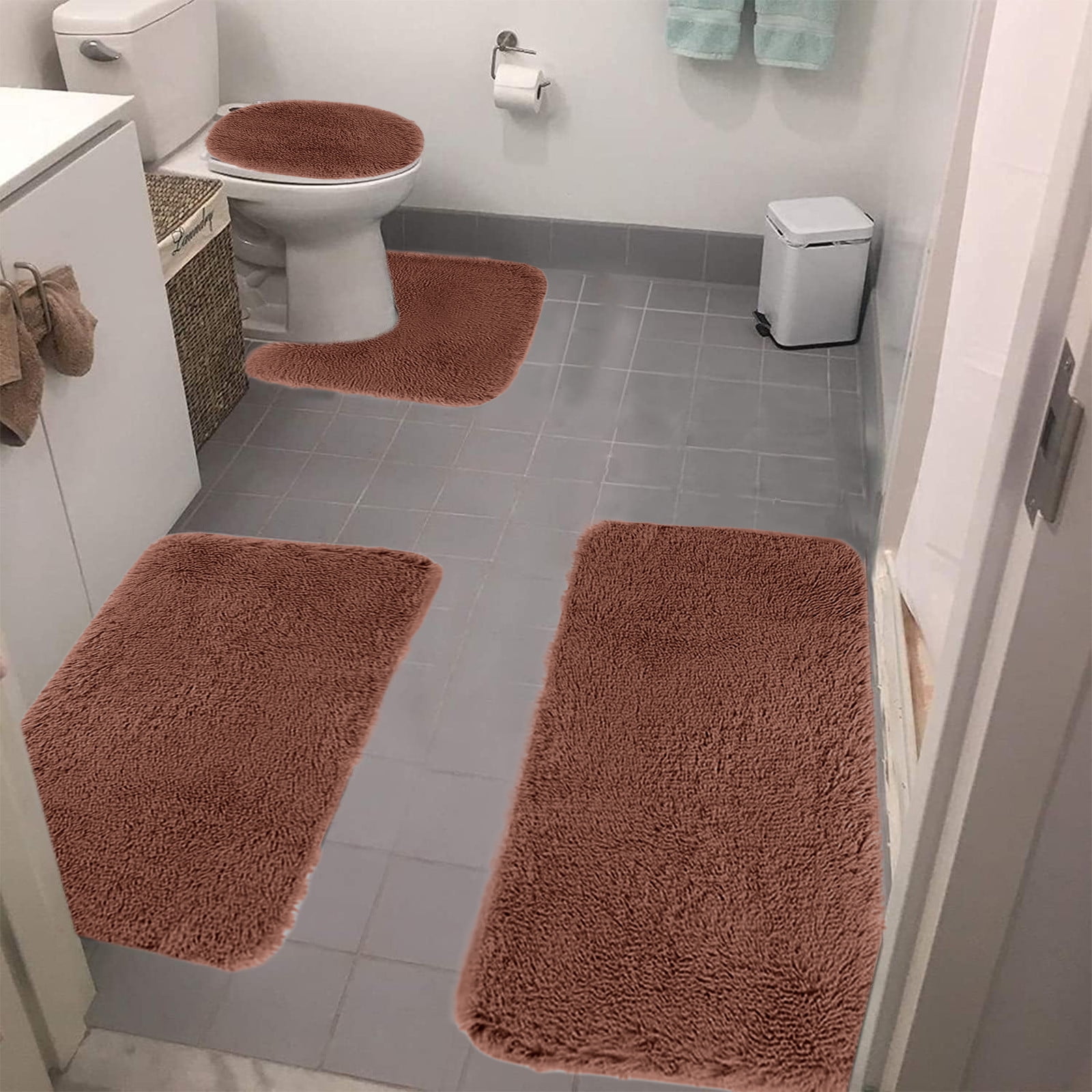 Chmadoxn Solid Color Bathroom Rugs Sets, 3 Piece Ultra Soft Non-Slip Bath Rugs and Mats Set, Super Absorbent Soft Washable Bathroom Carpets, Plush Bathroom Mats, Toilet Rug Set of 4 Black