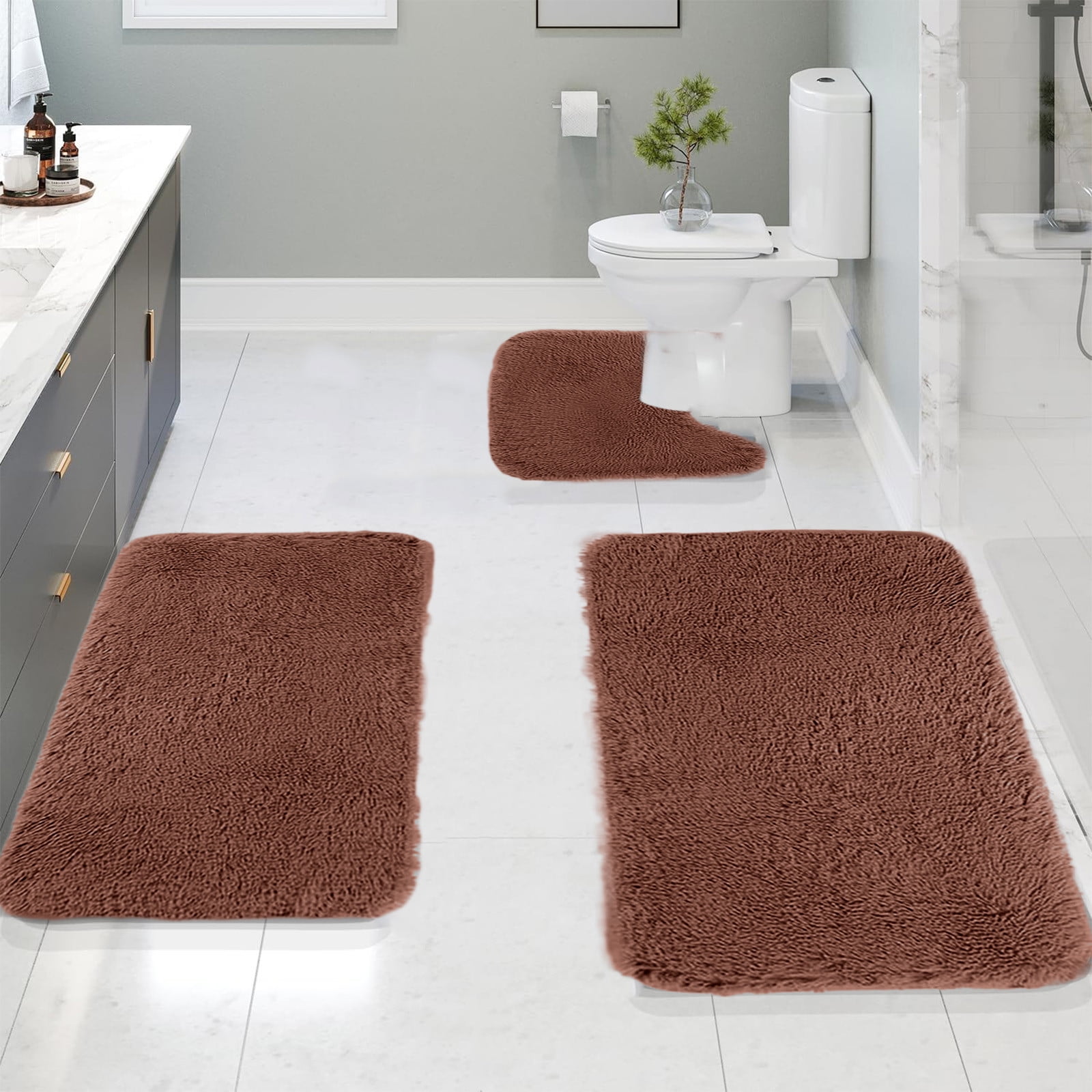 Chmadoxn Solid Color Bathroom Rugs Sets, 3 Piece Ultra Soft Non-Slip Bath Rugs and Mats Set, Super Absorbent Soft Washable Bathroom Carpets, Plush Bathroom Mats, Toilet Rug Set of 3 Yellow