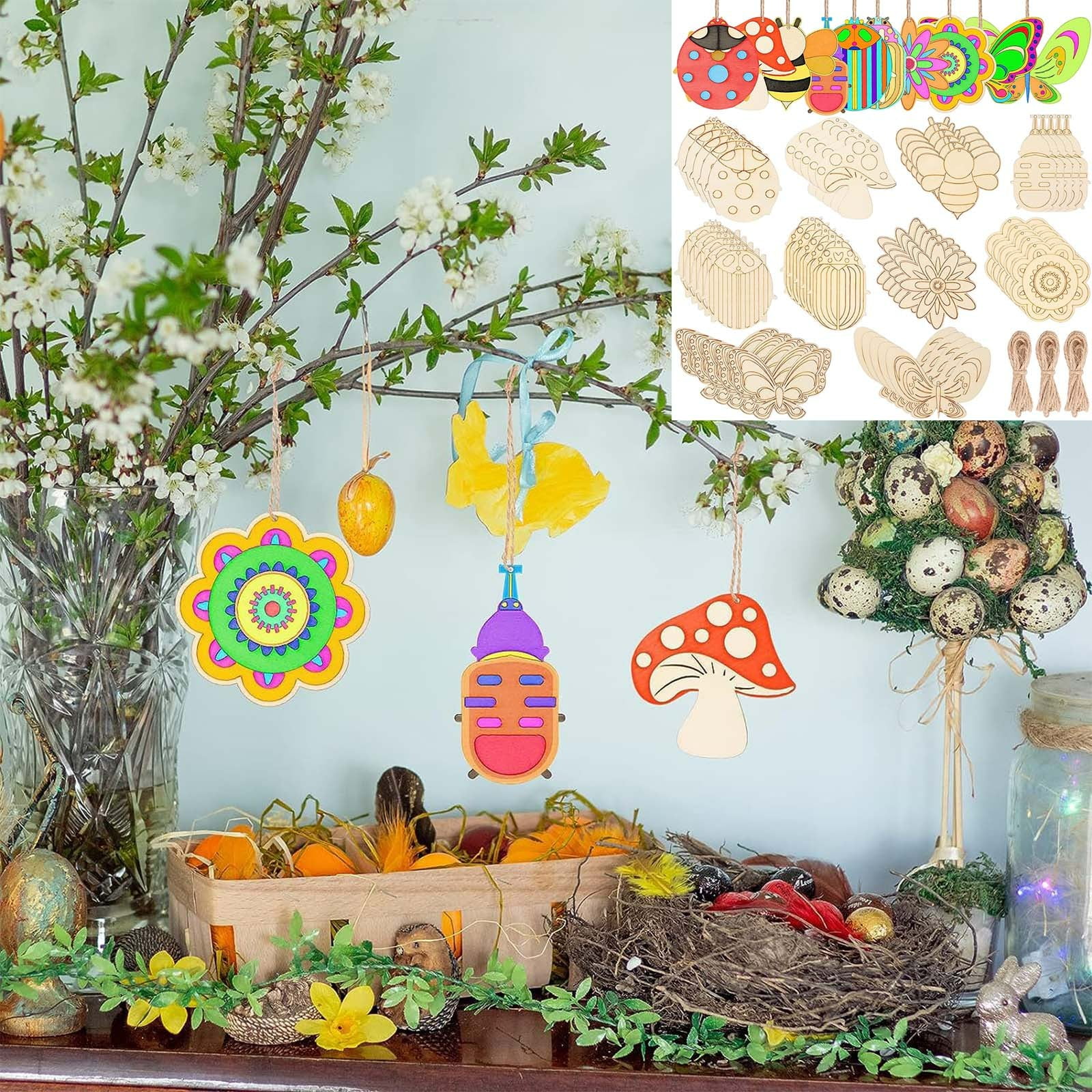 Darzheoy 60Pcs Wood Cutouts Ornaments for Crafts Butterfly Flower Unfinished Wooden Slices DIY Paint Crafts Blank Hanging Embellishment for Painting Spring Holiday Party Supplies Beige