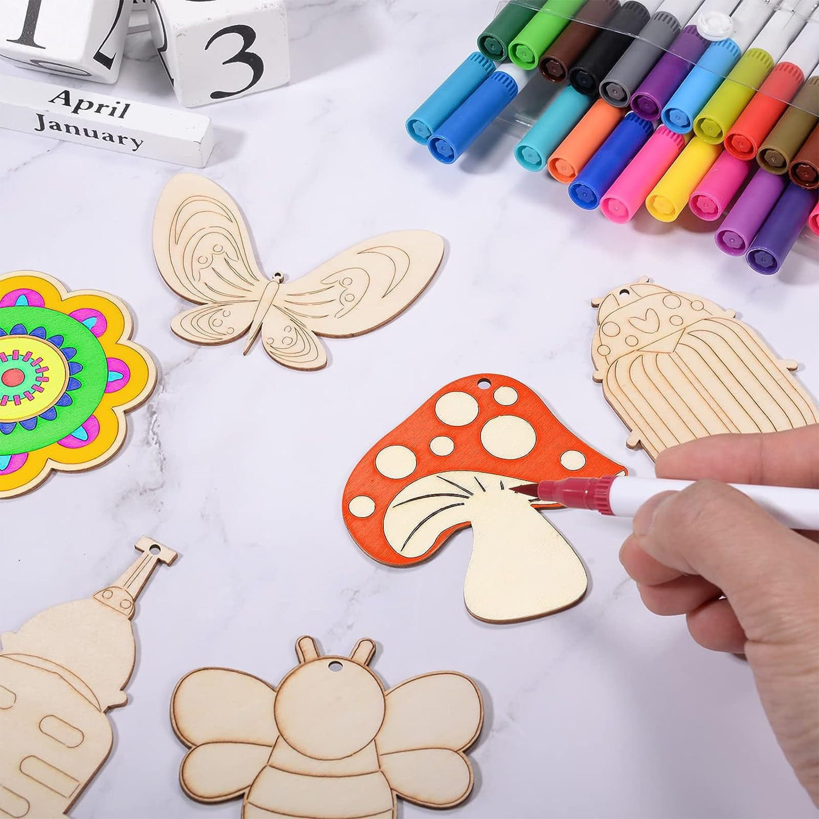 Darzheoy 60Pcs Wood Cutouts Ornaments for Crafts Butterfly Flower Unfinished Wooden Slices DIY Paint Crafts Blank Hanging Embellishment for Painting Spring Holiday Party Supplies Beige