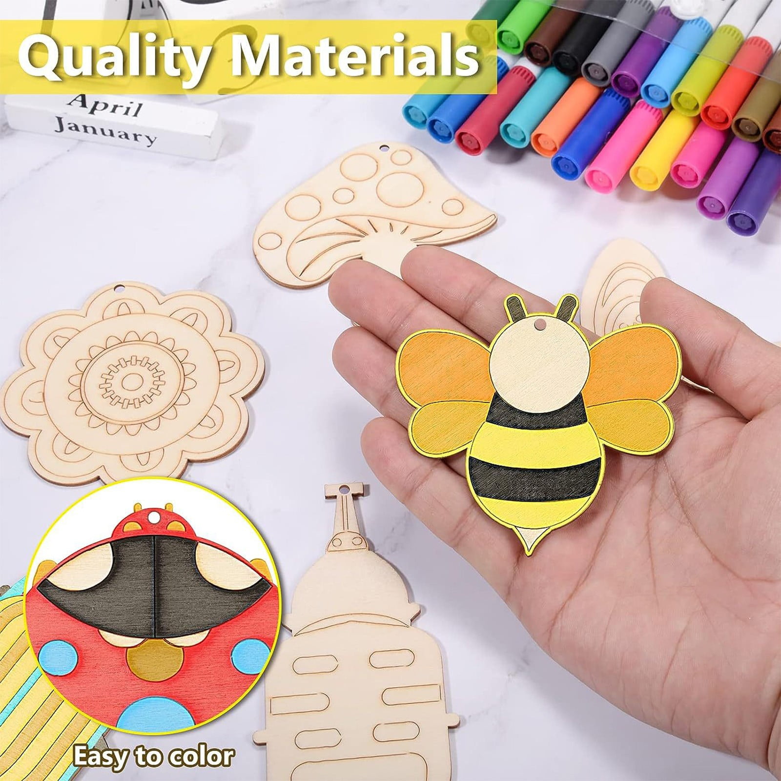 Darzheoy 60Pcs Wood Cutouts Ornaments for Crafts Butterfly Flower Unfinished Wooden Slices DIY Paint Crafts Blank Hanging Embellishment for Painting Spring Holiday Party Supplies Beige