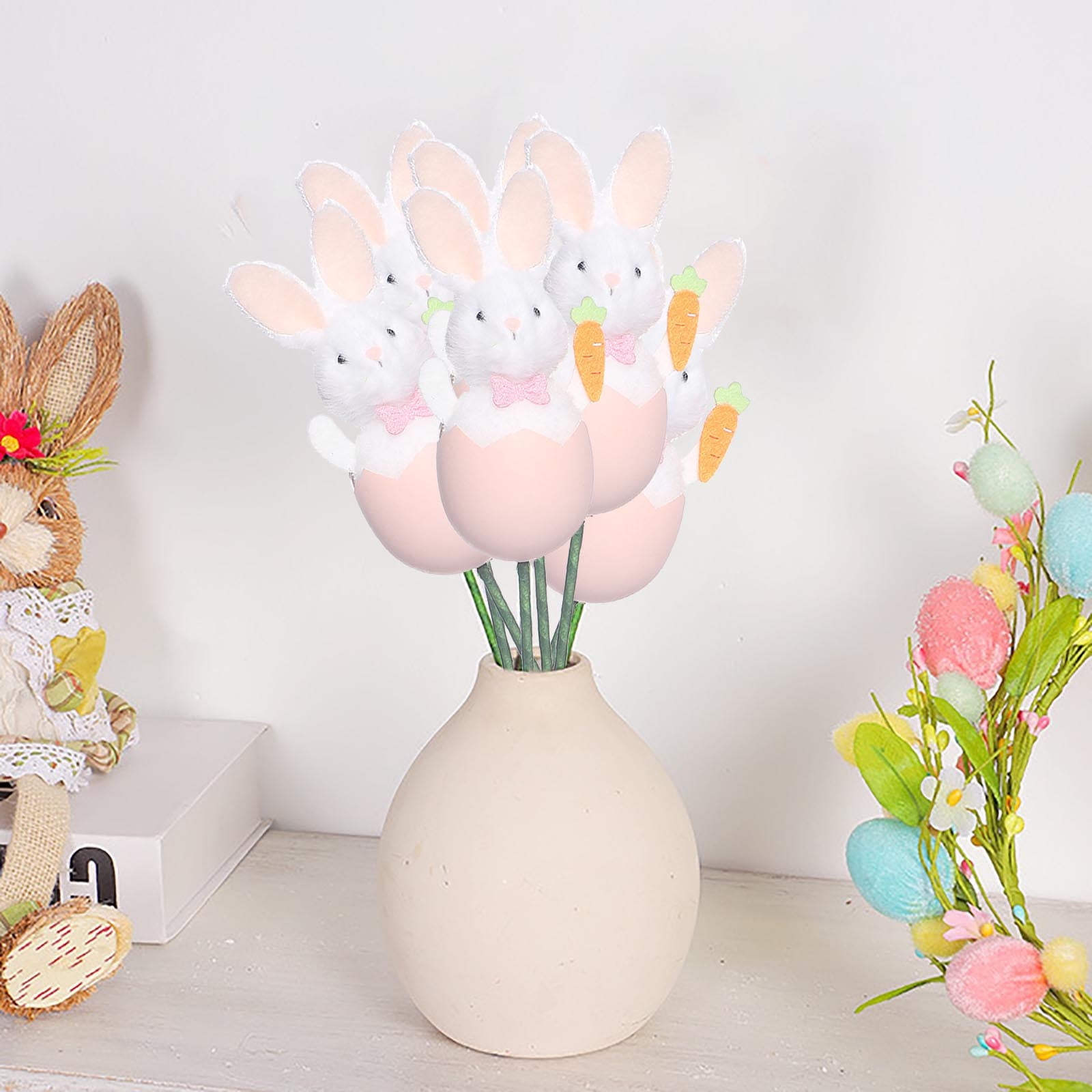 Darzheoy Bunny Plush Doll Pick DIY Bouquet Accessories Adorable Festival Gift Party Vase Filler Decorative Stick Cute Animal Ornament Pink