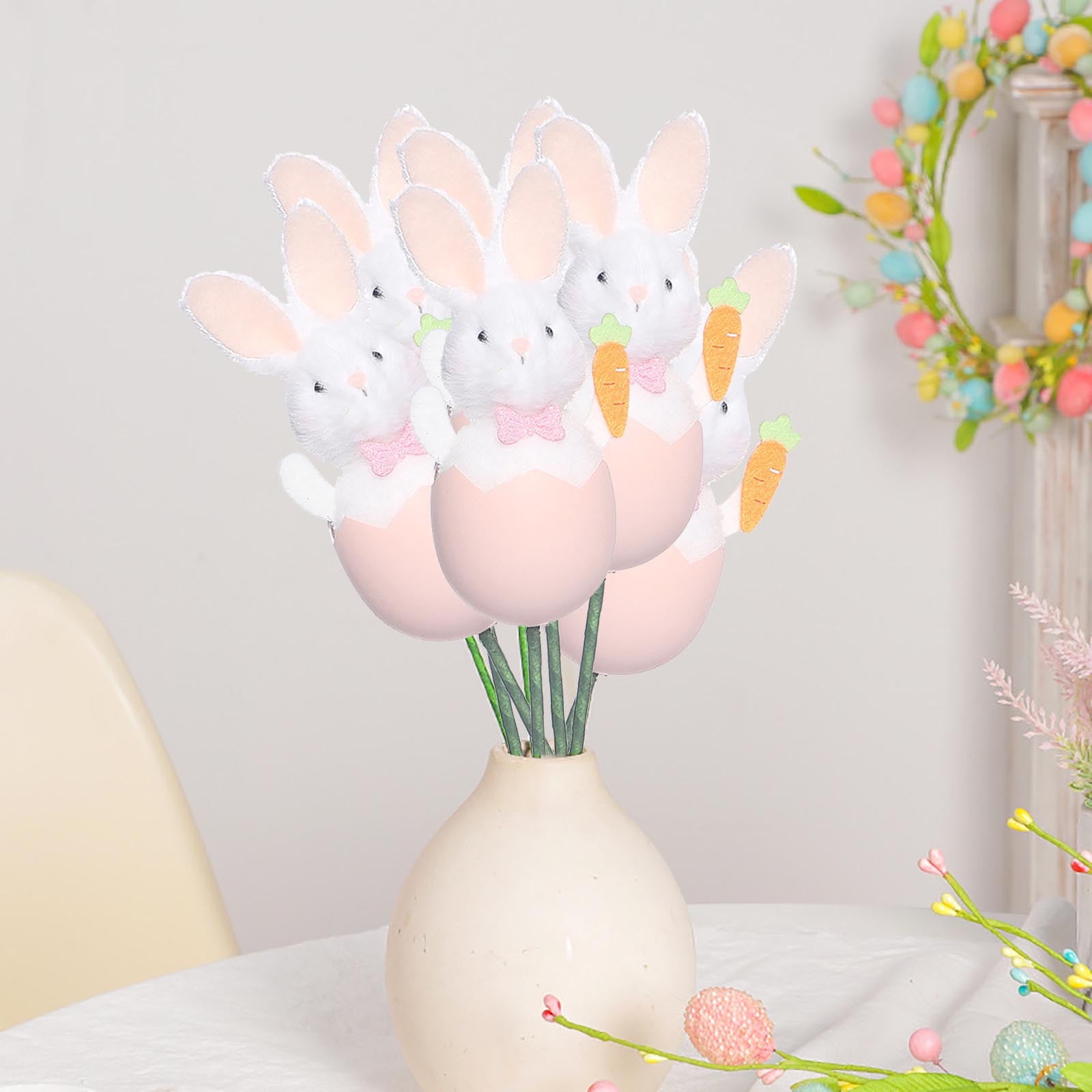 Darzheoy Bunny Plush Doll Pick DIY Bouquet Accessories Adorable Festival Gift Party Vase Filler Decorative Stick Cute Animal Ornament Pink