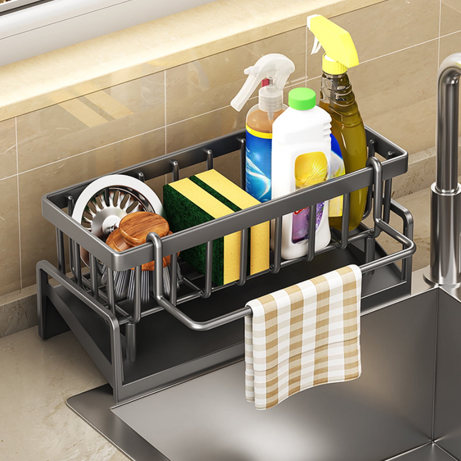 Darzheoy Sponge Holder for Kitchen Sink, Auto Draining Kitchen Sink Caddy, Rustproof Steel Dish Sponge Organizer with Removable Dishcloth Rack, Soap Dispenser Brush Holder Gray