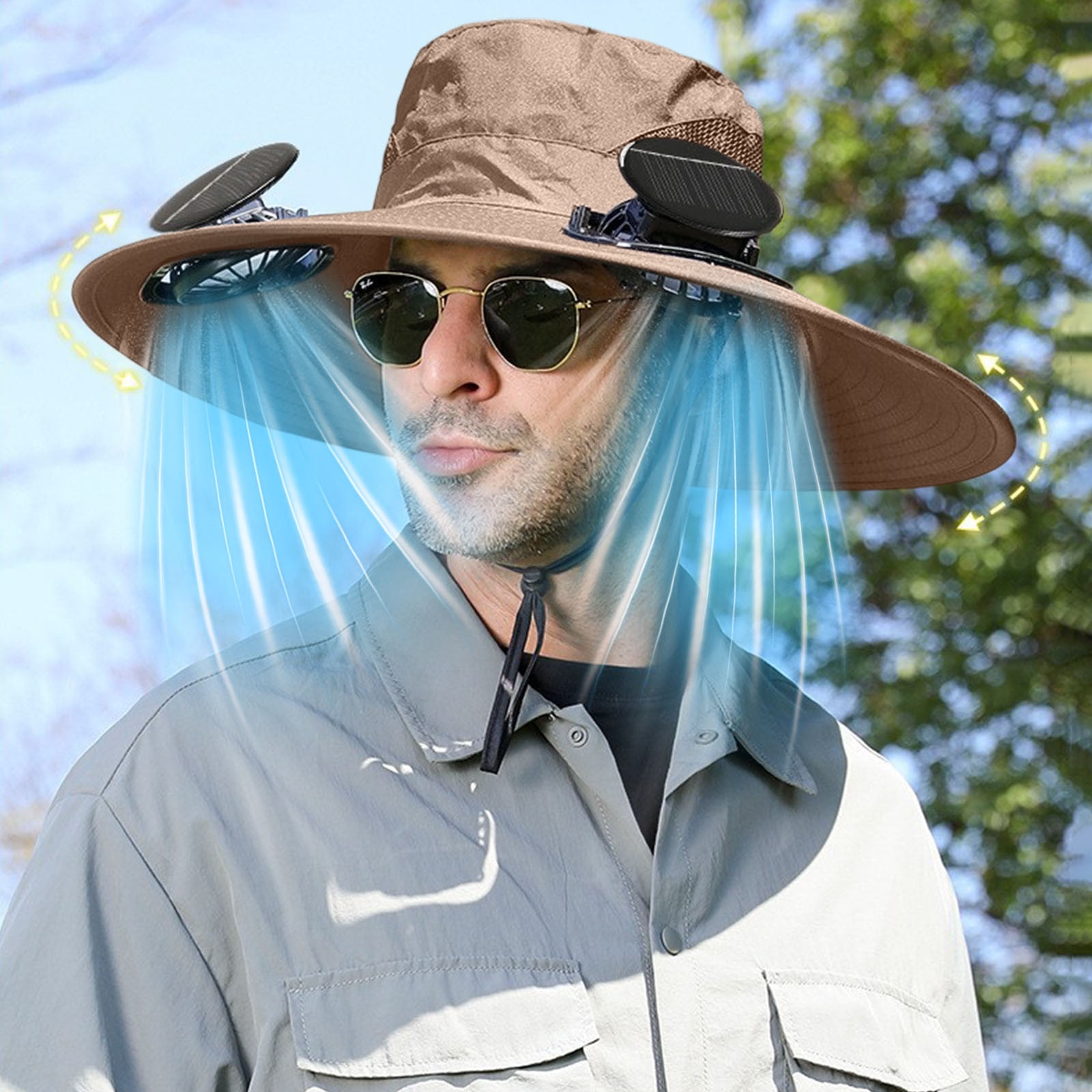 Darzheoy Solar Fan Hat Wide Brim Solar Fan Hat Outdoor Wide Brim Sun Hat with Solar Fan Fishing Hat, Removable & USB Charging Fan B-Khaki