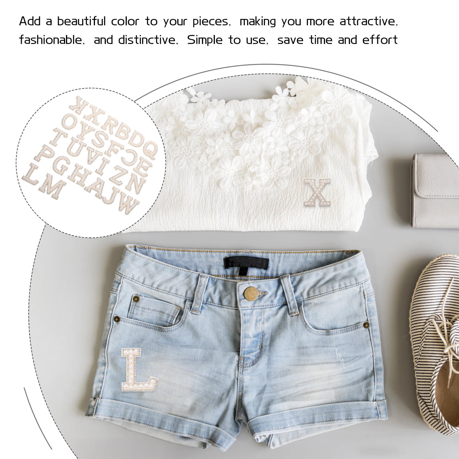 HOOWIFFY White Letter Iron-On Patches with Embellishments for Clothing Decoration
