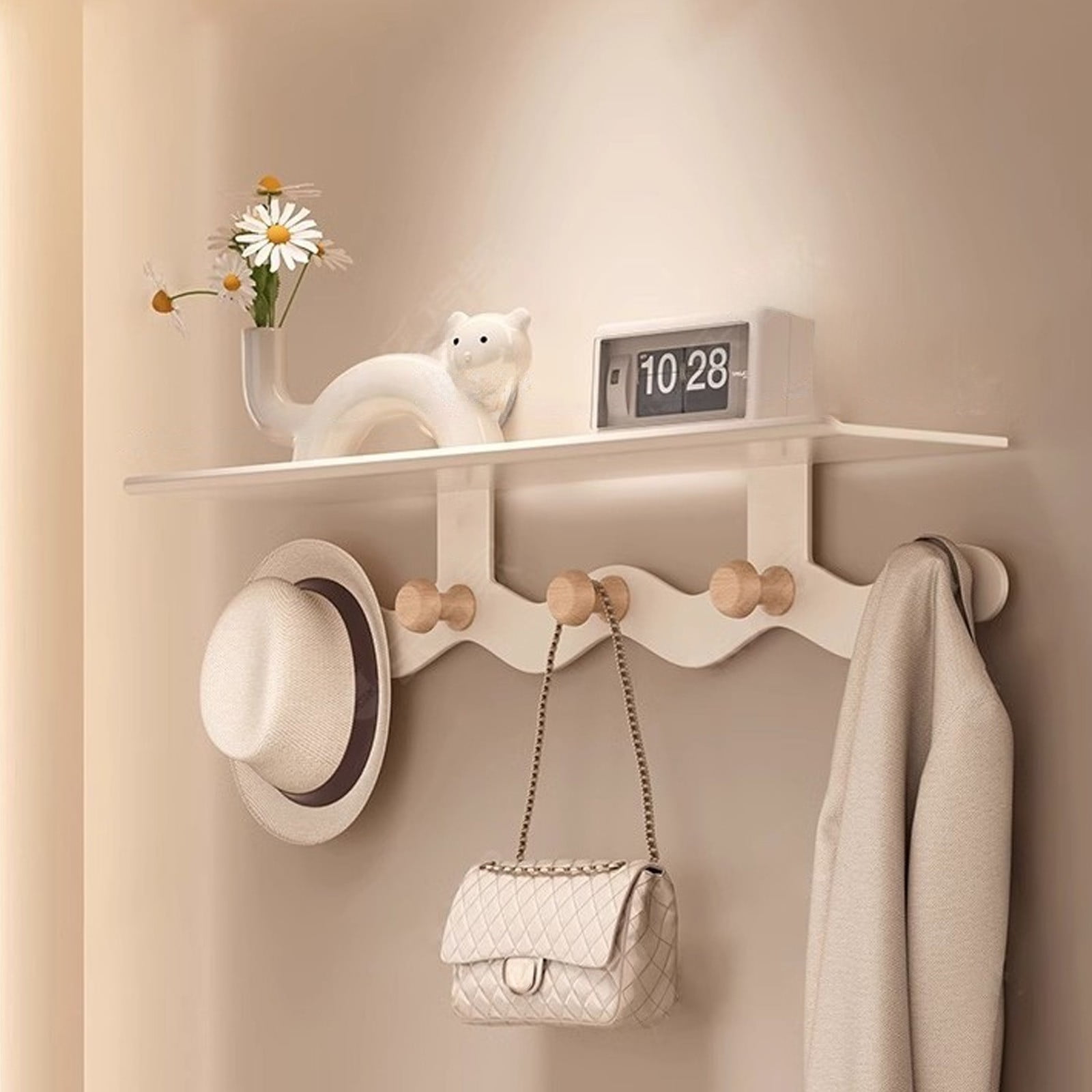 Darzheoy Wall Mounted Coat Rack with Shelf, 14 inches White Wood Floating Shelf for Entryway, Bathroom, Bedroom S
