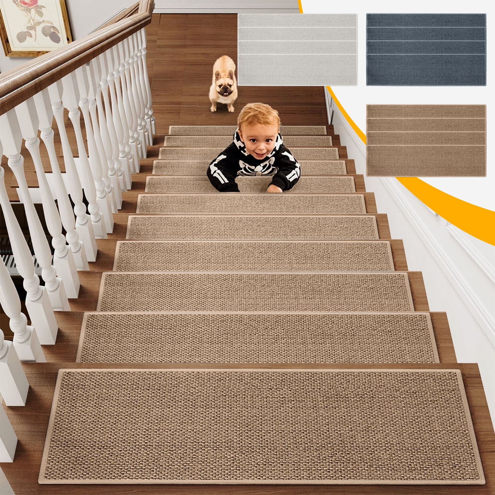 Chmadoxn 4-Piece Non-Slip Stair Treads, Self-Adhesive Striped Carpet Mats, Absorbent & Quiet Step Pads, Can Be Cut to Fit, Washable for Indoor Staircase Safetyu200bu200b Gray 2
