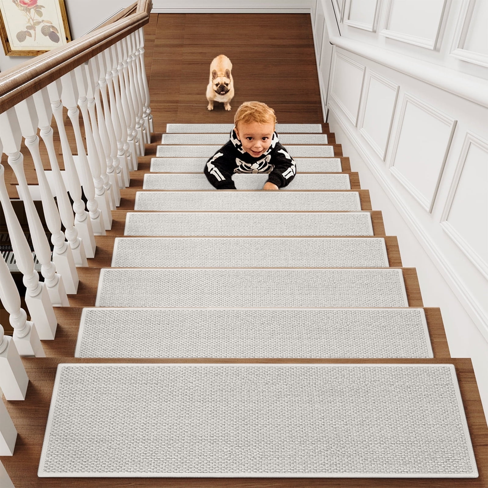 Chmadoxn 4-Piece Non-Slip Stair Treads, Self-Adhesive Striped Carpet Mats, Absorbent & Quiet Step Pads, Can Be Cut to Fit, Washable for Indoor Staircase Safetyu200bu200b White