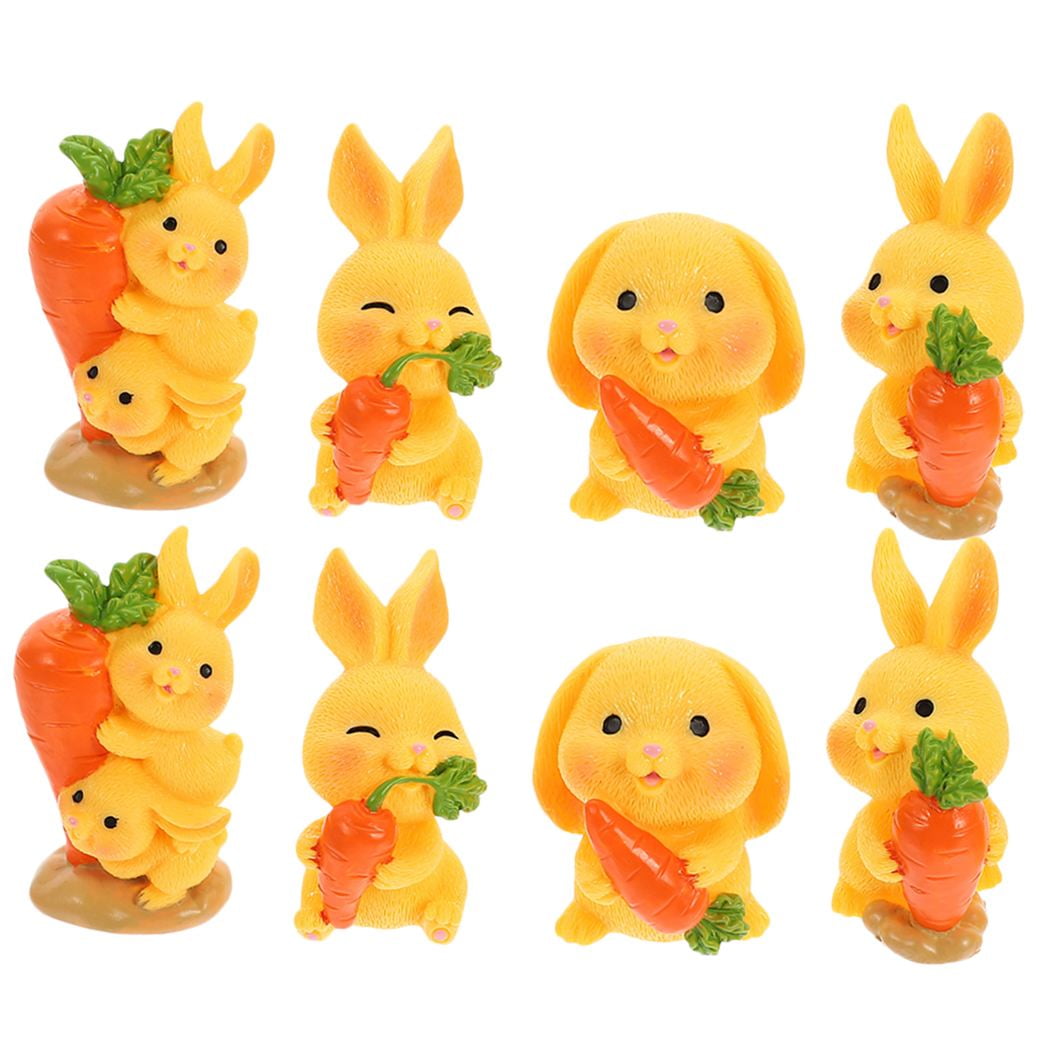 HOOWIFFY 8Pcs Resin Craft Rabbit Miniatures Yellow Bunny Figurines for Home Garden Easter Decoration