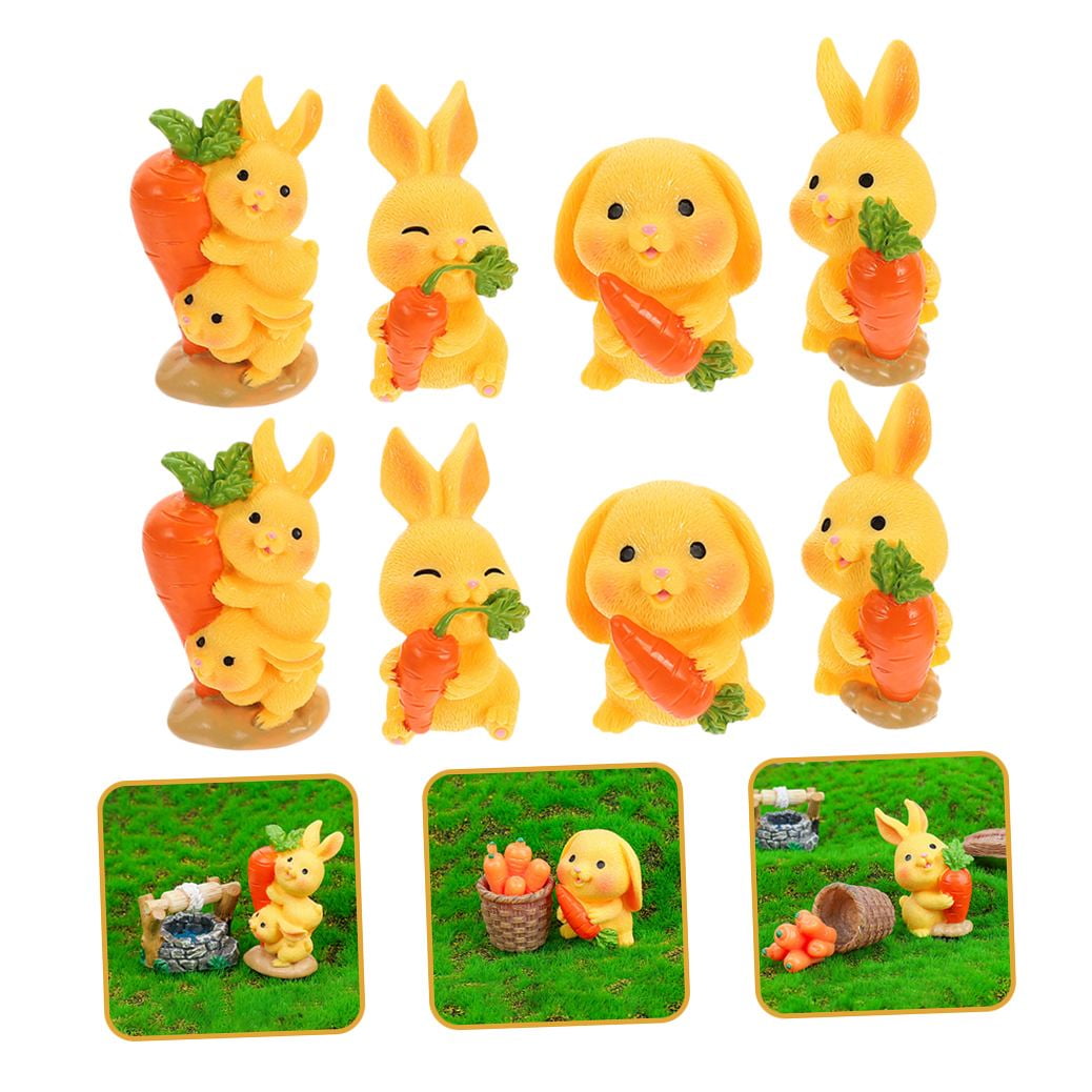 HOOWIFFY 8Pcs Resin Craft Rabbit Miniatures Yellow Bunny Figurines for Home Garden Easter Decoration