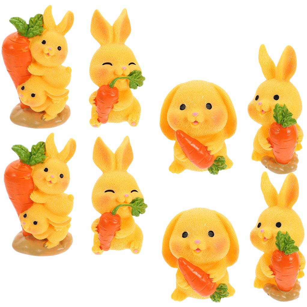 HOOWIFFY 8Pcs Resin Craft Rabbit Miniatures Yellow Bunny Figurines for Home Garden Easter Decoration