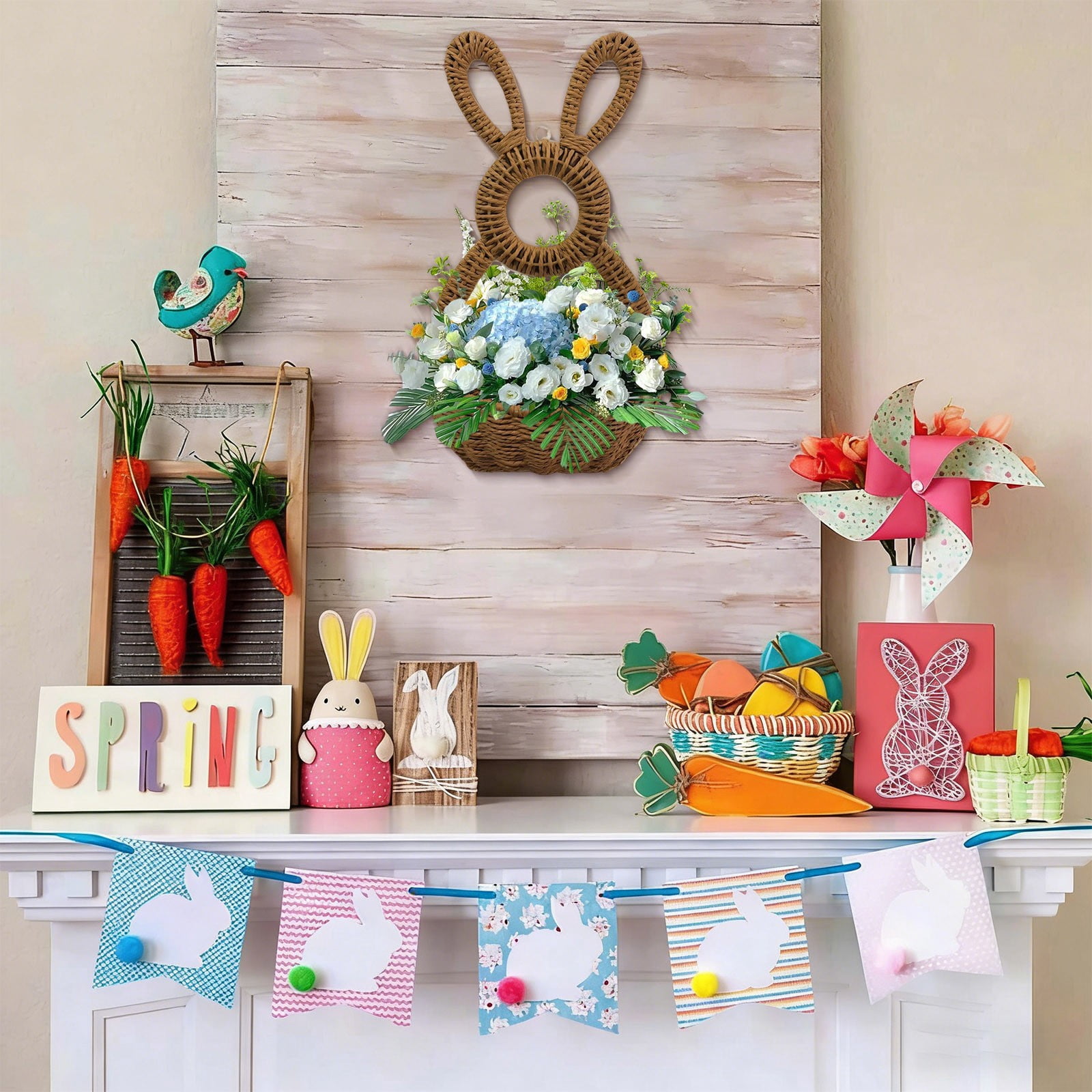 Darzheoy Bunny Basket Hanging Wall Pocket Spring Decor