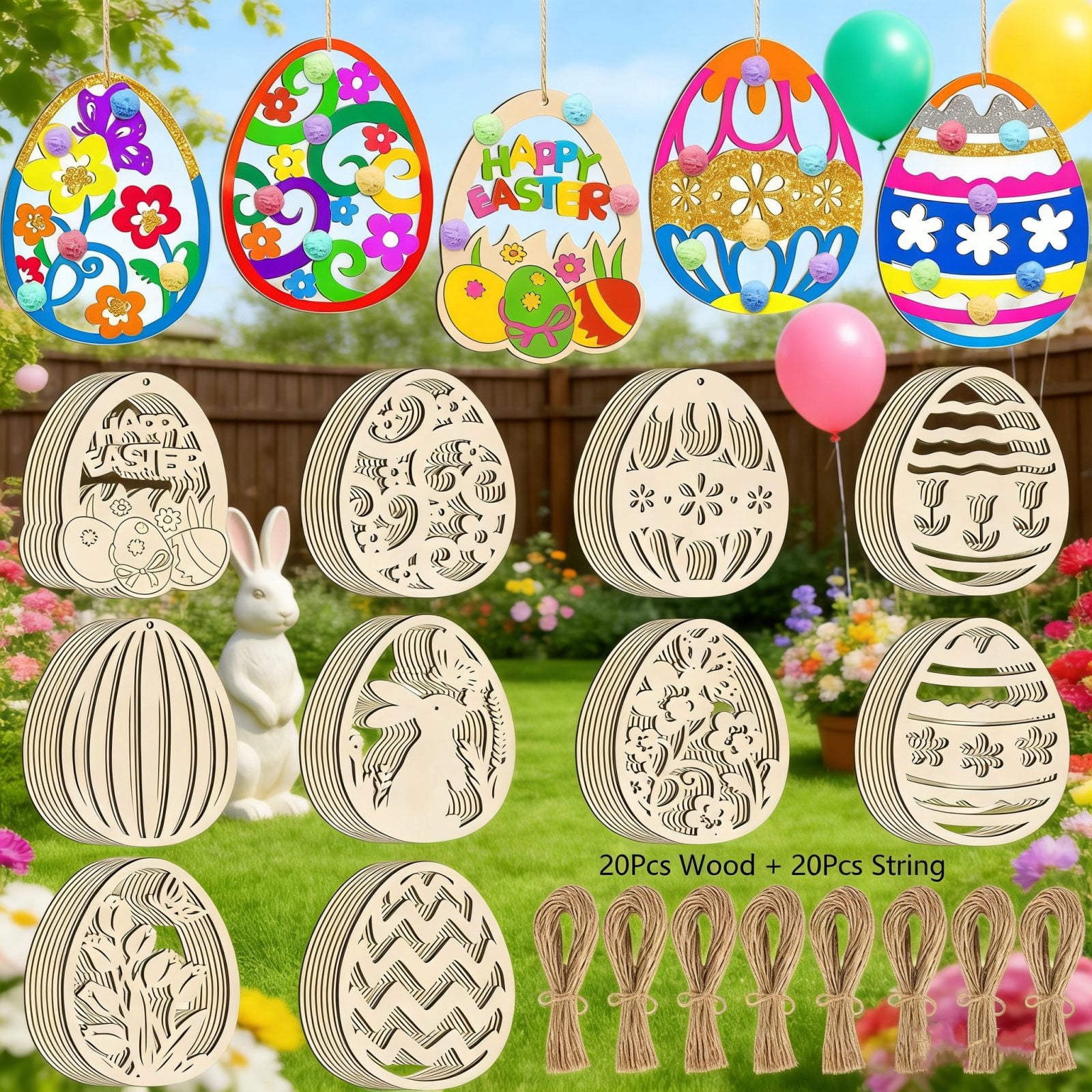 Darzheoy 20 Sets Wooden Easter Ornaments Decorations DIY Easter Craft Kits Assorted Paintable Unfinished Wood Easter Egg Ornaments for Kids Classroom Home Activity Art D