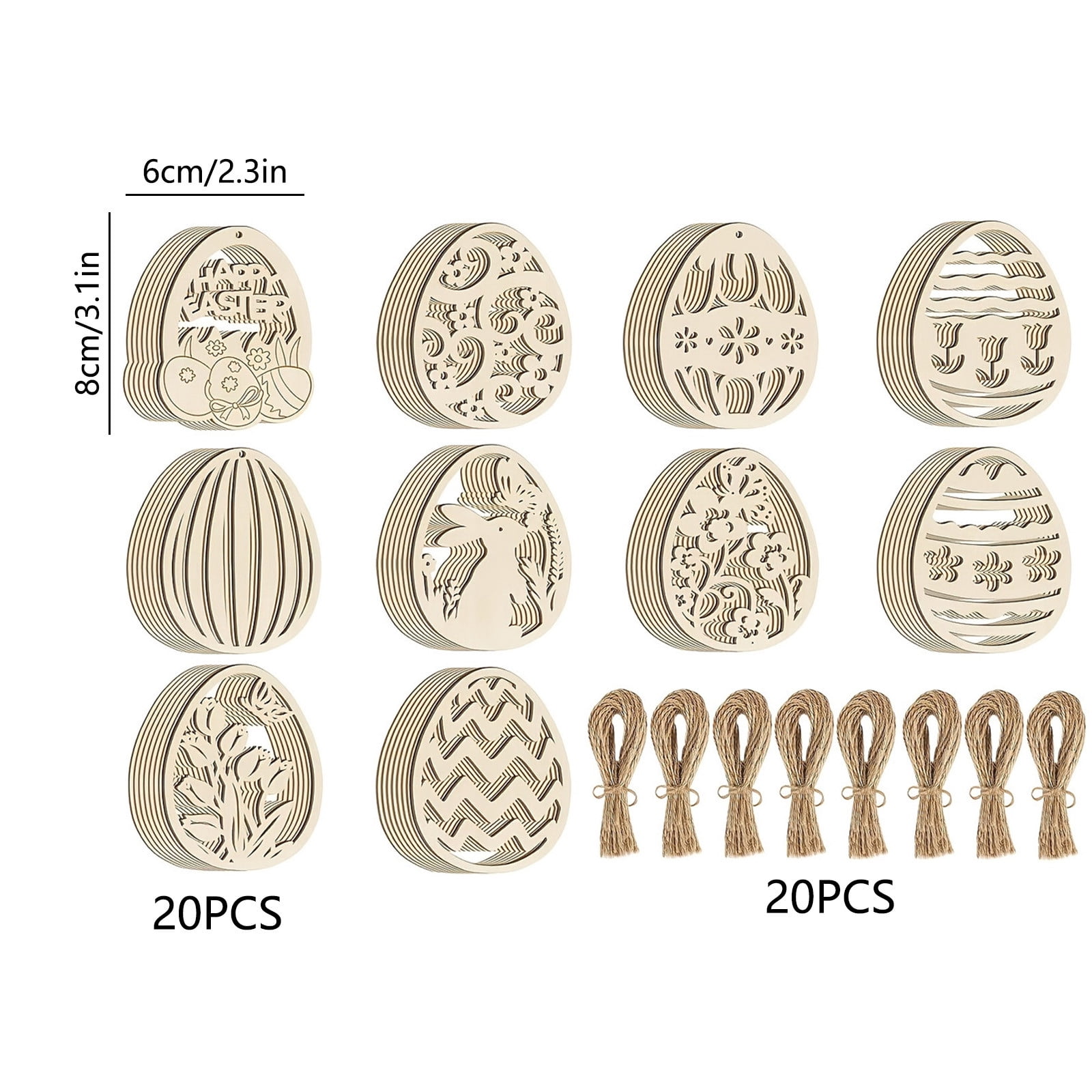 Darzheoy 20 Sets Wooden Easter Ornaments Decorations DIY Easter Craft Kits Assorted Paintable Unfinished Wood Easter Egg Ornaments for Kids Classroom Home Activity Art D
