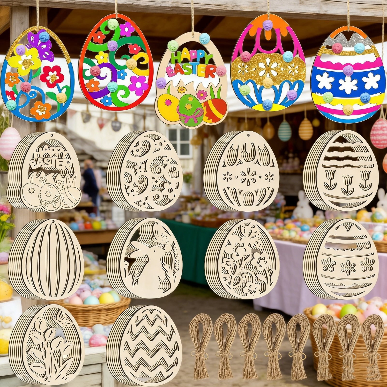 Darzheoy 20 Sets Wooden Easter Ornaments Decorations DIY Easter Craft Kits Assorted Paintable Unfinished Wood Easter Egg Ornaments for Kids Classroom Home Activity Art D