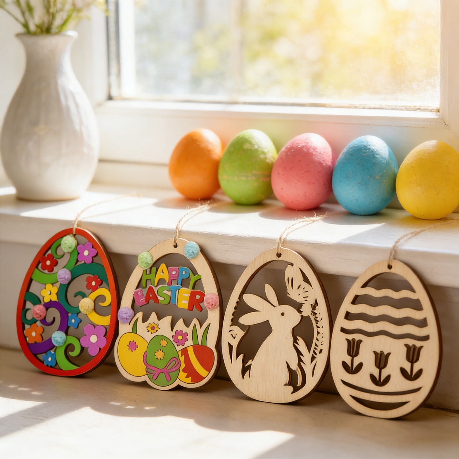 Darzheoy 20 Sets Wooden Easter Ornaments Decorations DIY Easter Craft Kits Assorted Paintable Unfinished Wood Easter Egg Ornaments for Kids Classroom Home Activity Art D