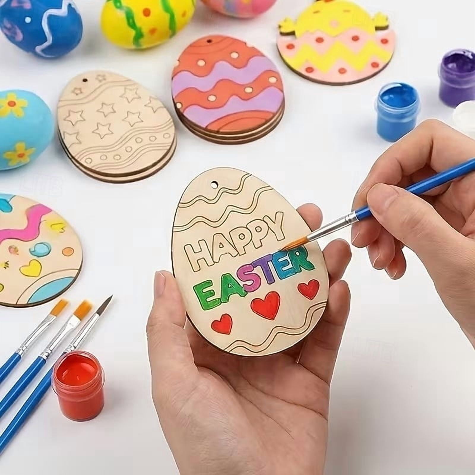 Darzheoy 20 Sets Wooden Easter Ornaments Decorations DIY Easter Craft Kits Assorted Paintable Unfinished Wood Easter Egg Ornaments for Kids Classroom Home Activity Art E