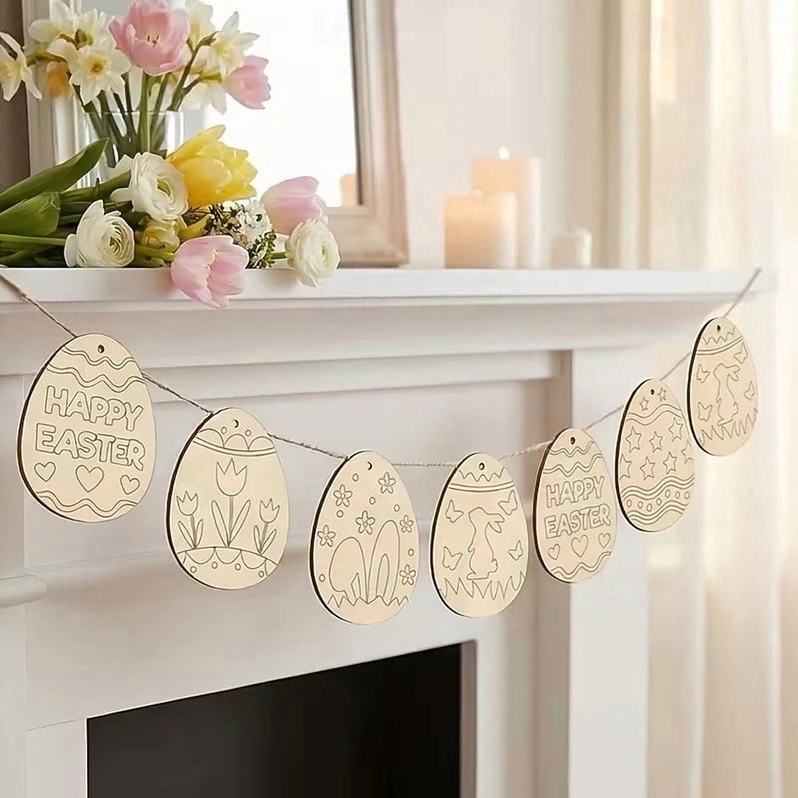 Darzheoy 20 Sets Wooden Easter Ornaments Decorations DIY Easter Craft Kits Assorted Paintable Unfinished Wood Easter Egg Ornaments for Kids Classroom Home Activity Art E