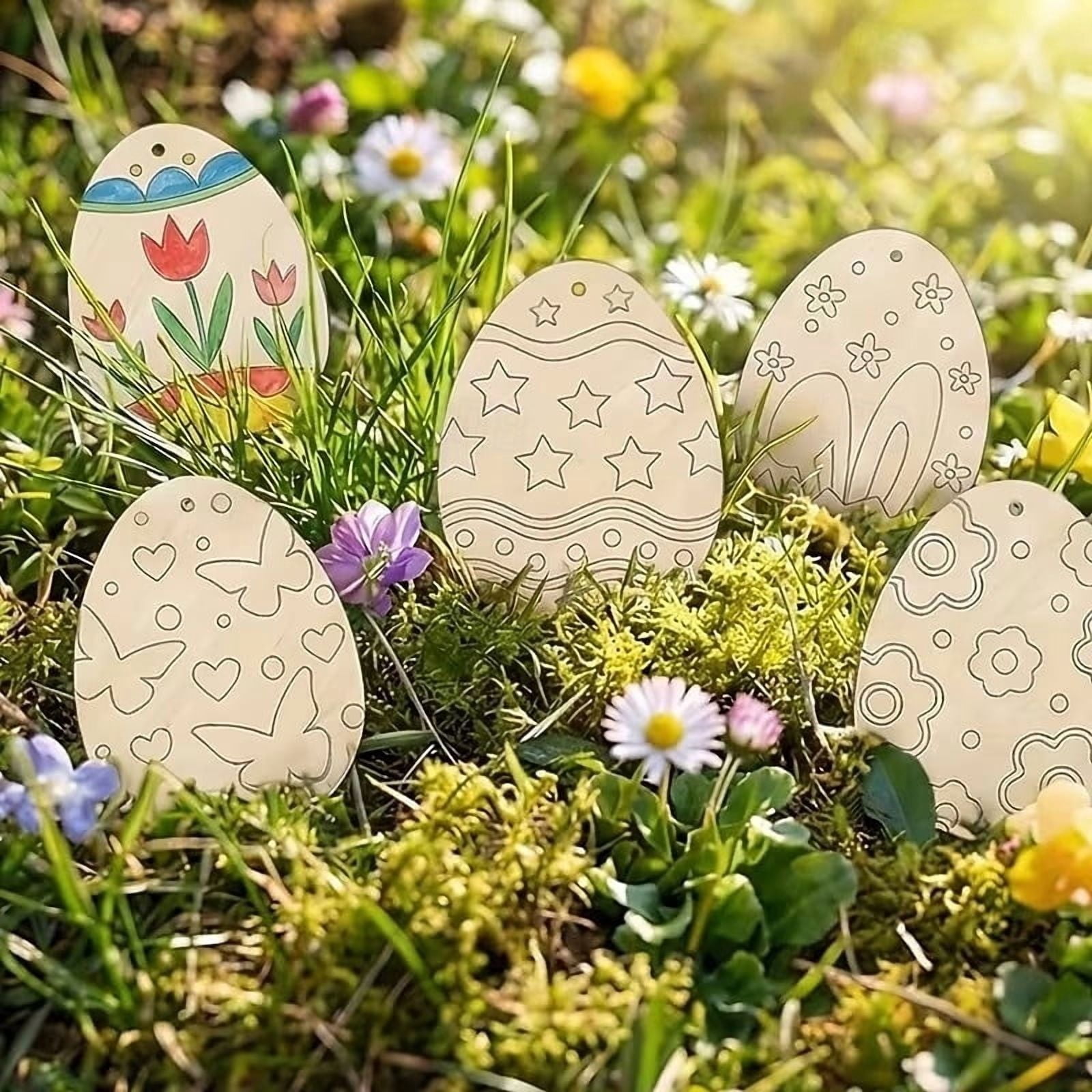 Darzheoy 20 Sets Wooden Easter Ornaments Decorations DIY Easter Craft Kits Assorted Paintable Unfinished Wood Easter Egg Ornaments for Kids Classroom Home Activity Art E