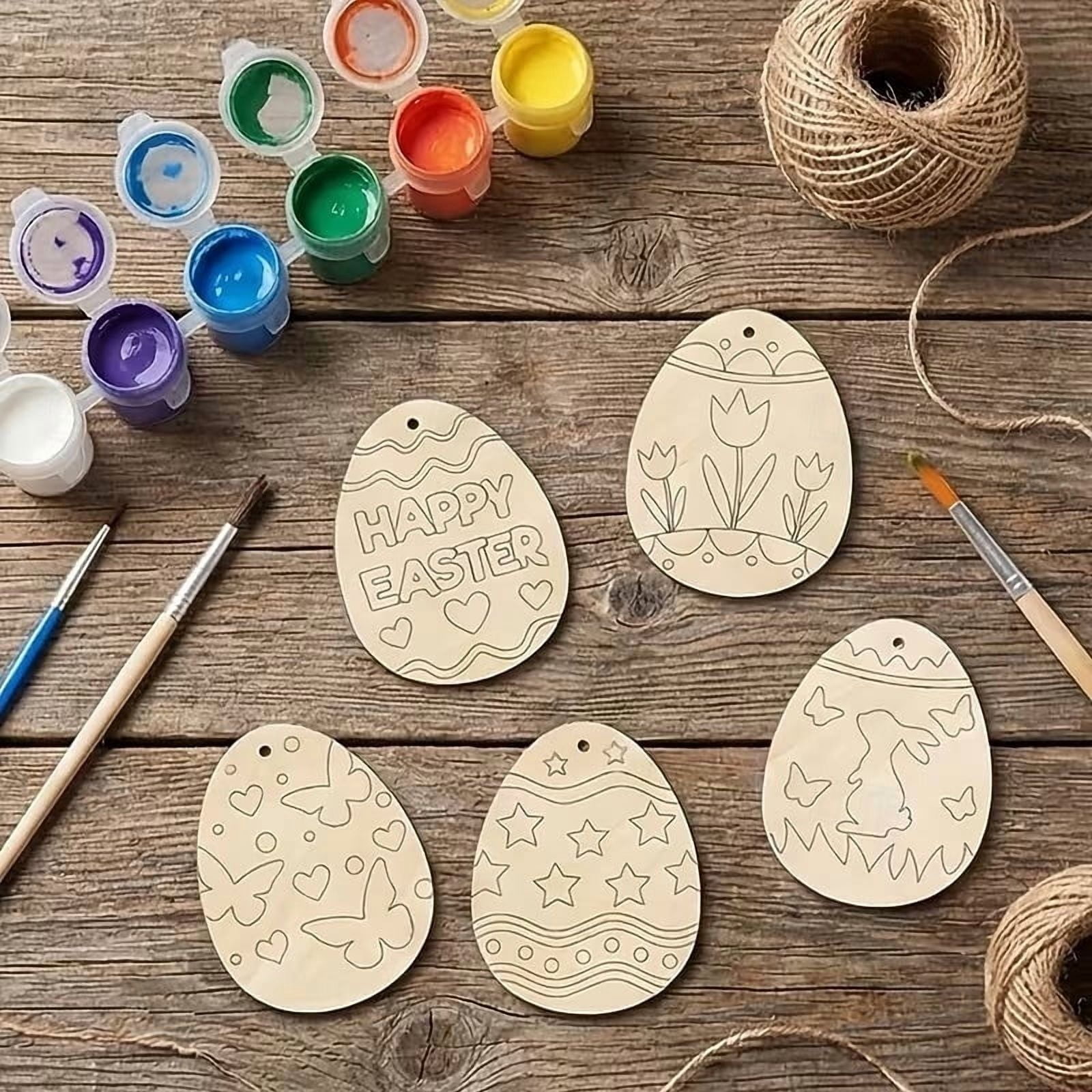 Darzheoy 20 Sets Wooden Easter Ornaments Decorations DIY Easter Craft Kits Assorted Paintable Unfinished Wood Easter Egg Ornaments for Kids Classroom Home Activity Art E