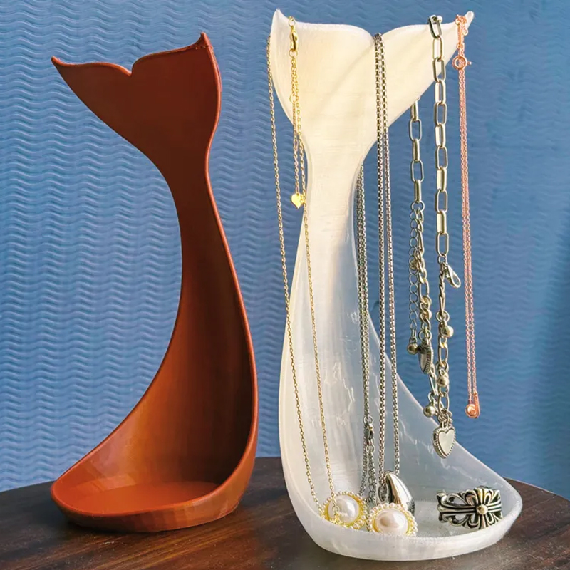 3D printed fishtail jewelry stand, single piece, white silk.