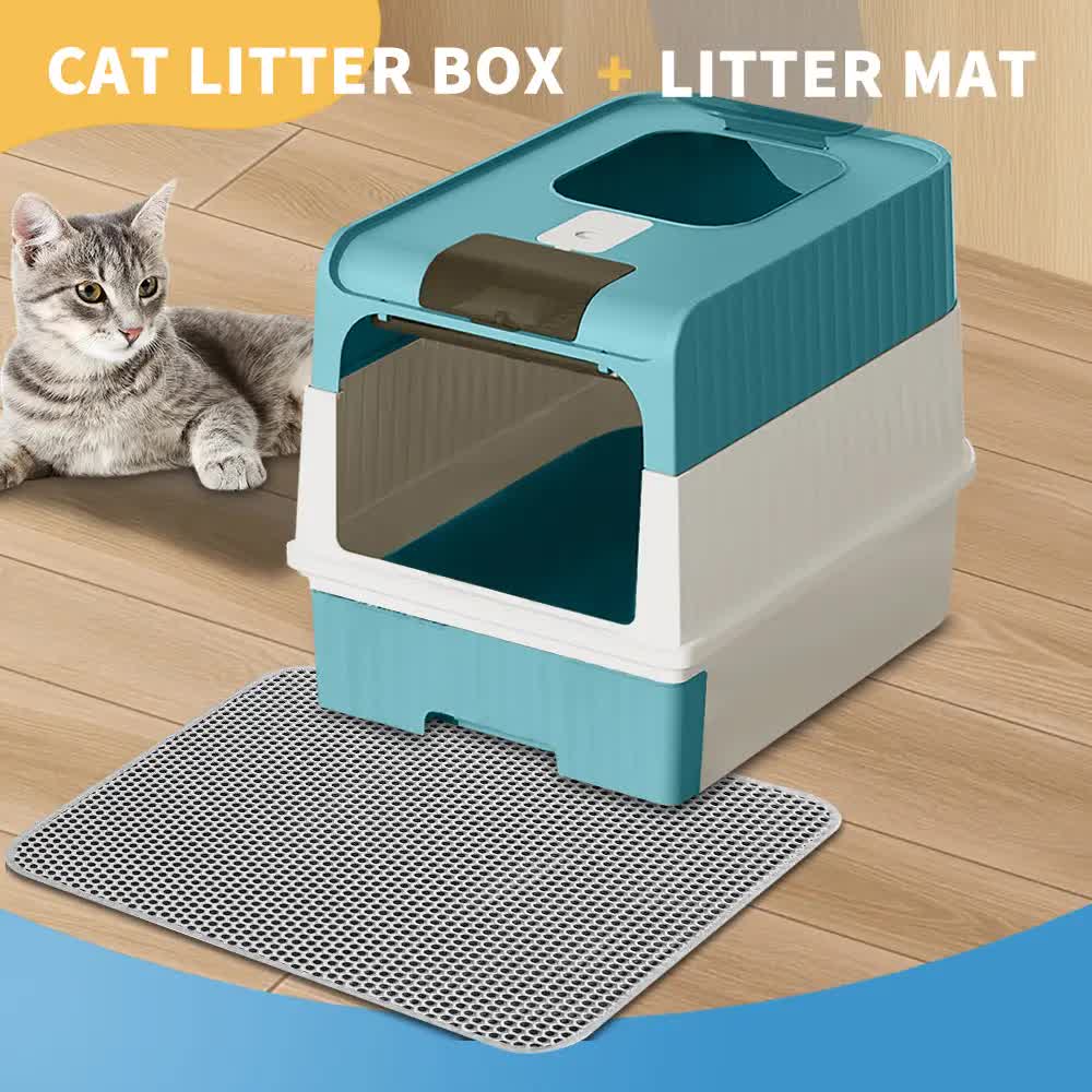Huge Cat Litter Box Bundle with Free Litter Mat & Scoop,Drawer Type Enclosed Potty, Anti-Splashing Cat Toilet Cleaning Kit for Big Cats