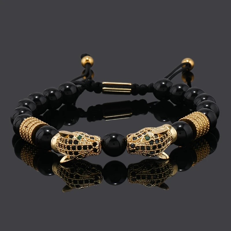 golden Leopard Print Men's Bracelet: Polished Black Stone Beads with Inlaid Diamond Leopard Head, 175-200mm Adjustable, Embodying Wild and Sophisticated Wrist Fashion.