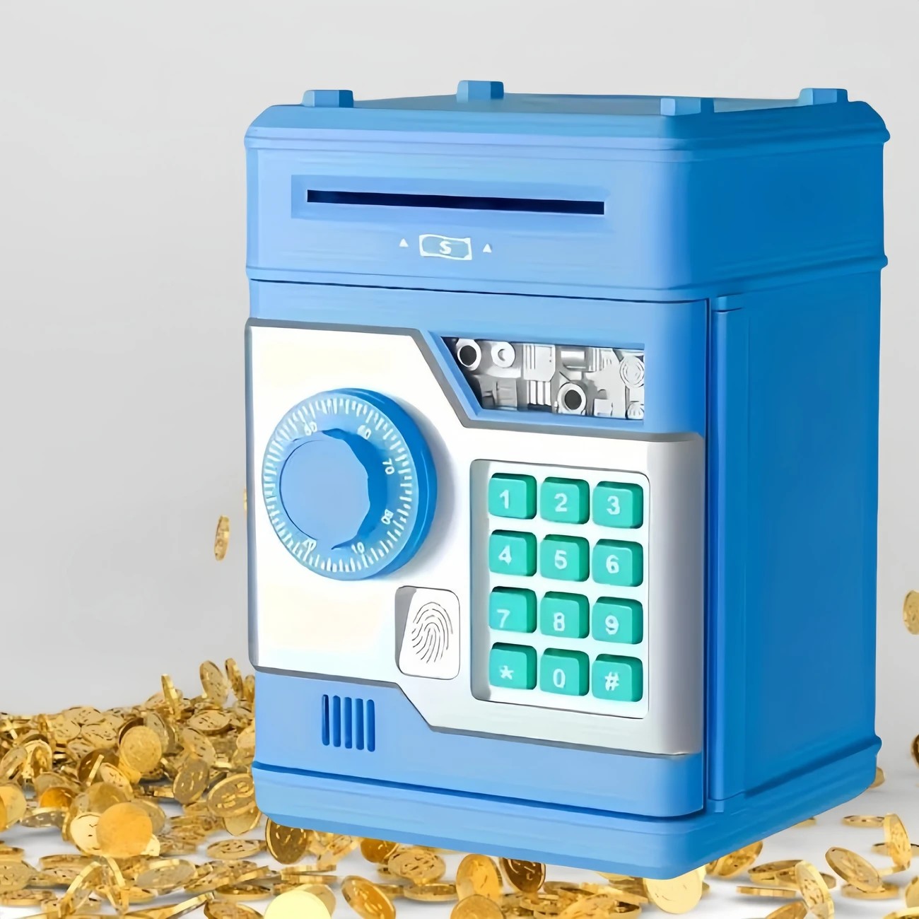 Children's Password Piggy Bank, Dual Lock,BLUE Automatic Bill Intake, Develops Savings Habit, Multiple Colors Available, Battery Not Included