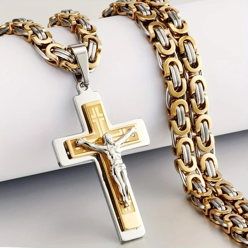 Trendy Gold-Plated Cross Men's Pendant, paired with a Cuban chain—a bold, personal expression of faith.（Gold+silver）