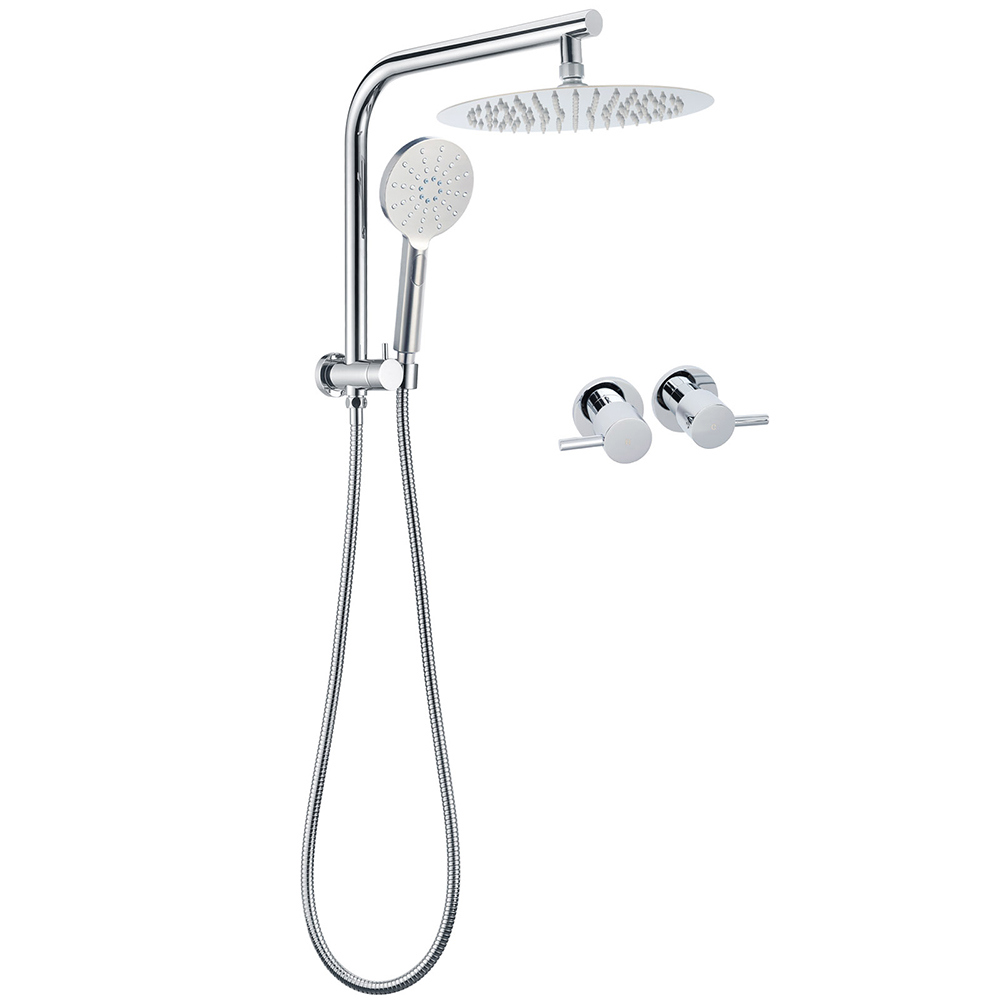 WELS Chrome Round 10" Rain Shower Head Handheld Sliding Rail DIY 2in1 Twin Taps Set