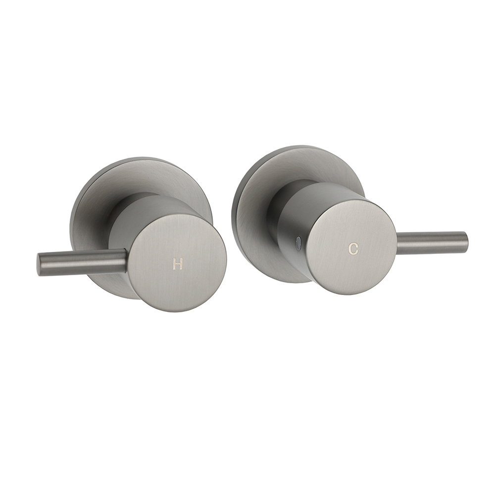 Gun Metal Grey Brass 1/4 Turn Round Hot Cold Tap Wall Set For Shower Vanity Spout