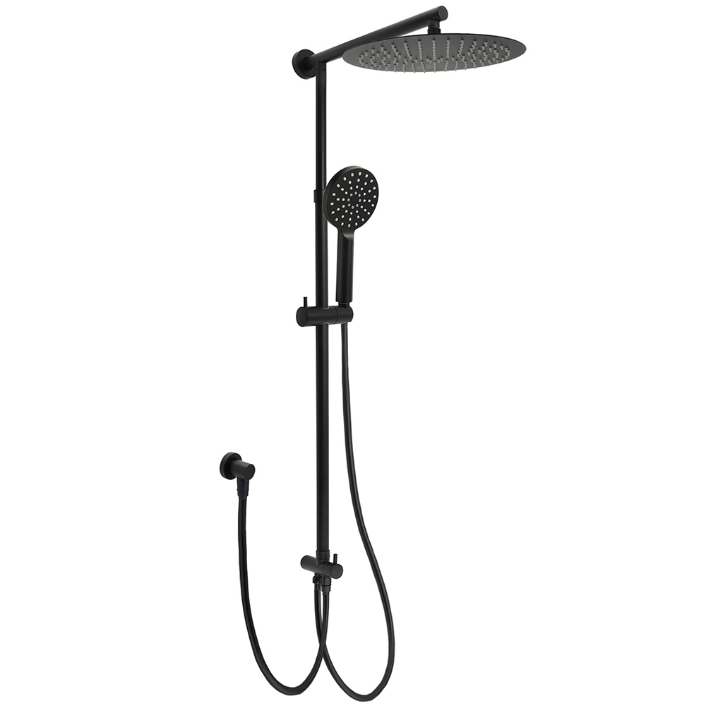 Matte Black Large 12" Round Shower Head Twin Set Handheld Diverter Wall Rail Arm