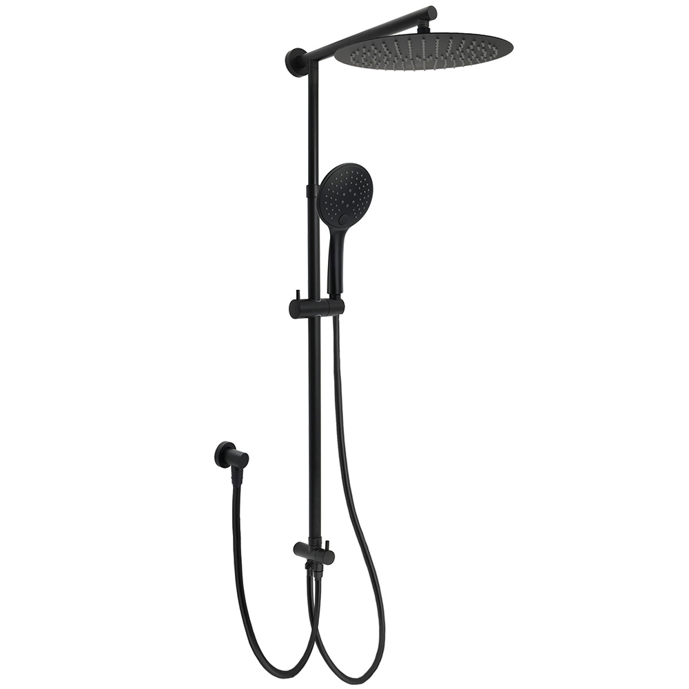 Matte Black Large 12" Twin Round Shower Head Set Handheld Diverter Rail Wall Arm