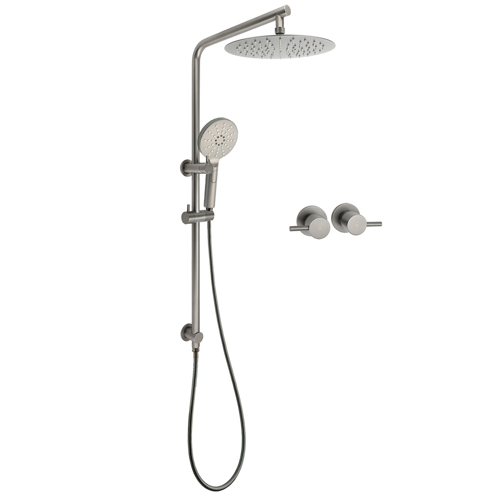 WELS Gun Metal Round 10" 2in1 Shower Head 3 Modes Handheld Slide Rail Arm Twin Taps
