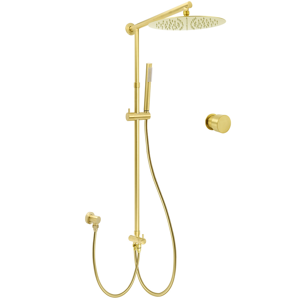Brushed Gold Dual Round Shower 12" Top Head Simple Stick Handheld Sliding Rail Arm Mixer Valve