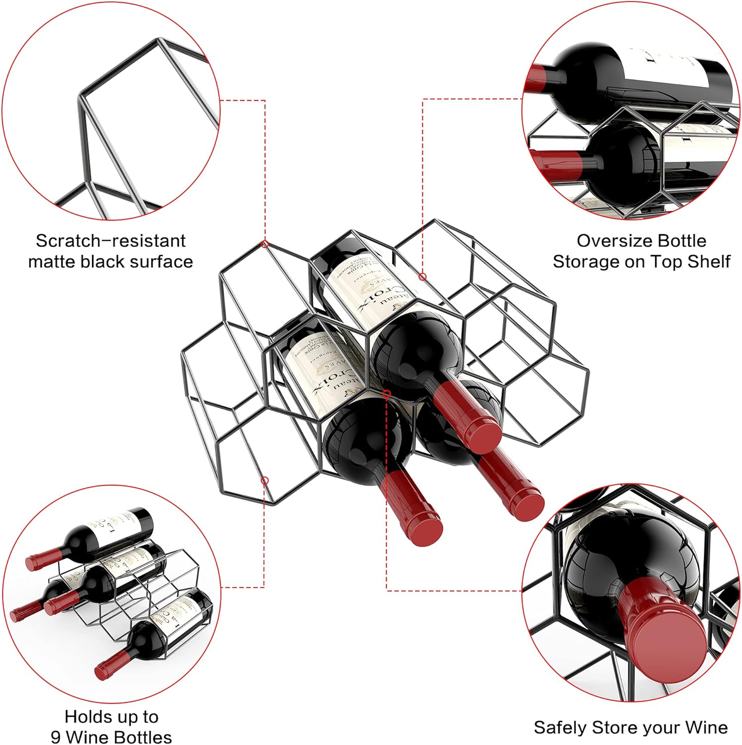 Small Freestanding Wine Rack for Countertop - Honeycomb Metal Wine Rack Stand for 9 Bottles