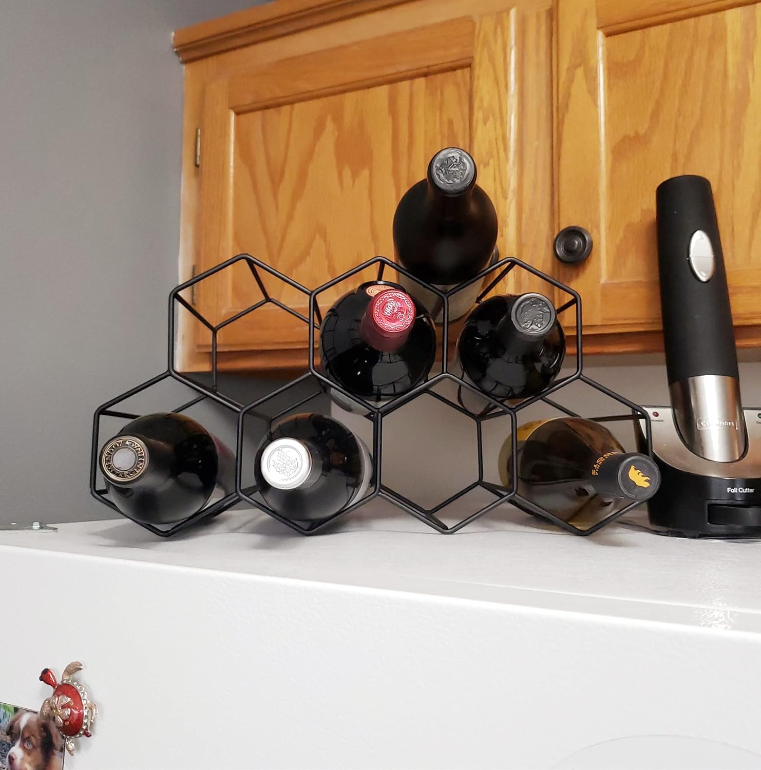 Small Freestanding Wine Rack for Countertop - Honeycomb Metal Wine Rack Stand for 9 Bottles
