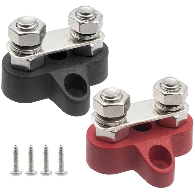 Busbar Terminal Block Battery Power Ground Terminal Block M8 Dual Pins 5/16"" Heavy Duty Terminals for Boat, RV and Solar Trucks - Black & Red