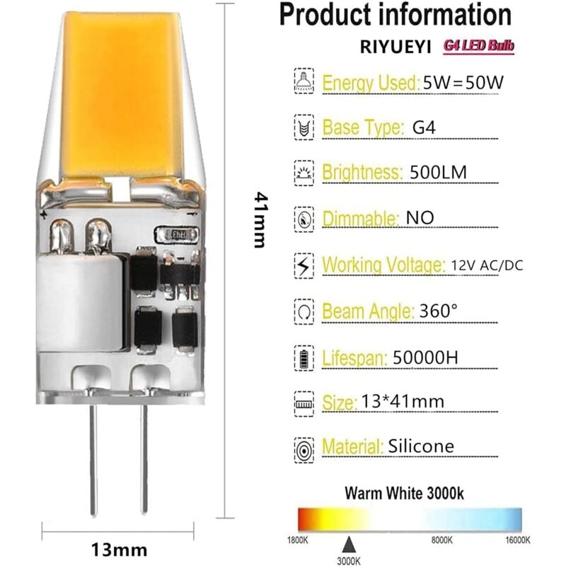 G4 LED bulb AC/DC 12V 5W LED bulbs G4 Warm white 3000K Light sources equivalent to 50W halogen bulb 360° beam angle No flicker