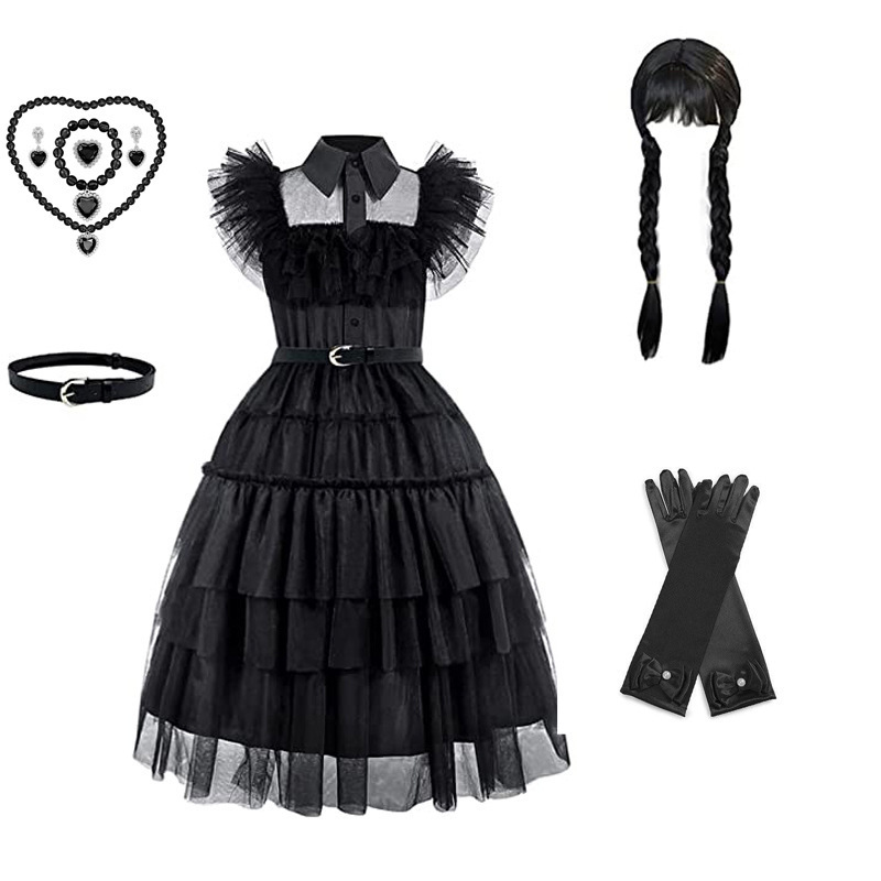 Girl's dress cosplay Wednesday Brigitte princess dress lace details puff sleeves children Wednesday 9pcs 140